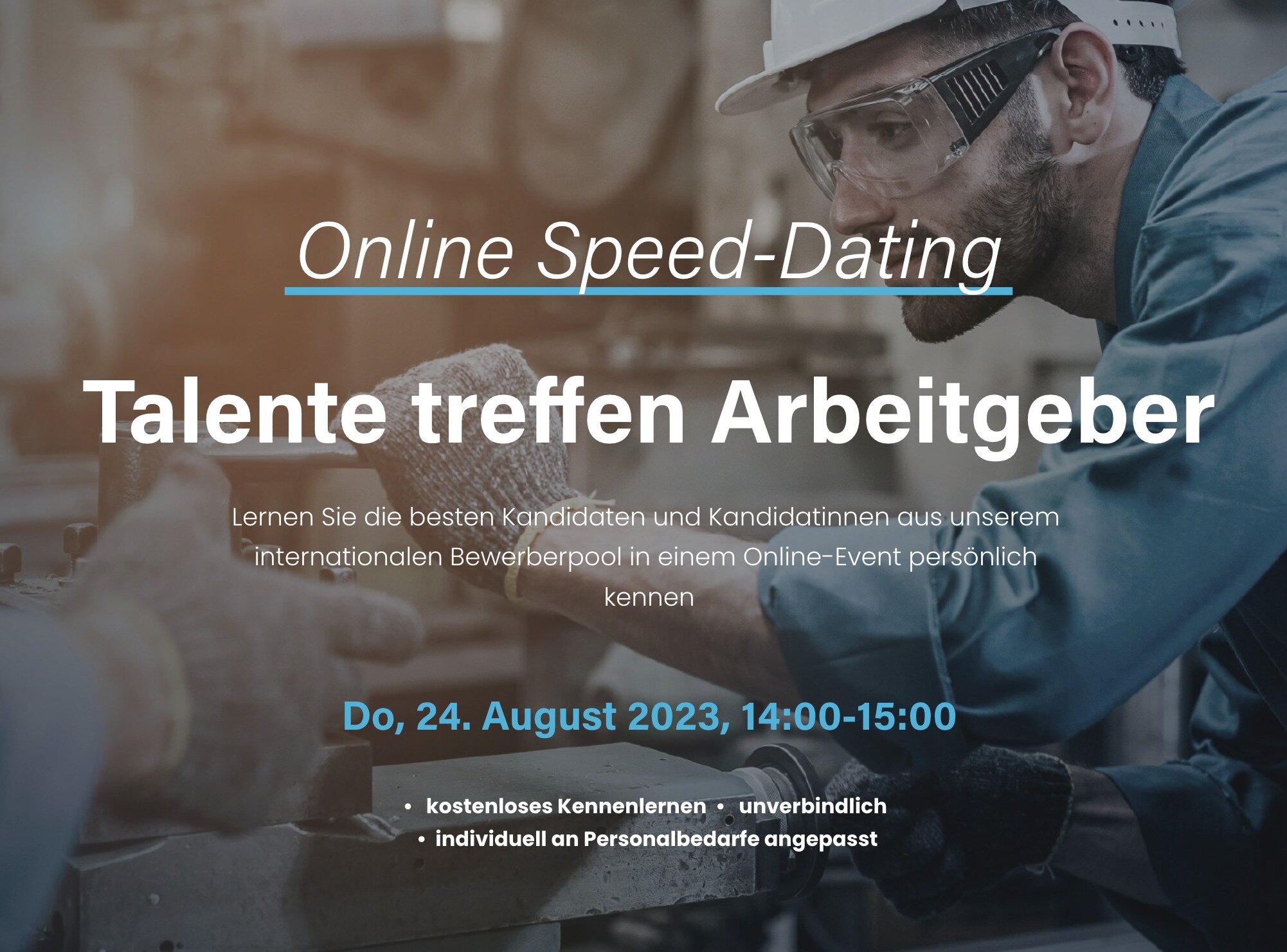 🌟 Online Speed-Dating: Talente treffen Arbeitgeber🌟
Jetzt als Arbeitgeber einen Platz sichern!

Wir laden herzlich alle Arbeitgeber zu unserem Online Speed-Dating Event ein, bei dem Sie die M&ouml;glichkeit haben, qualifizierte Fachkr&auml;fte aus 