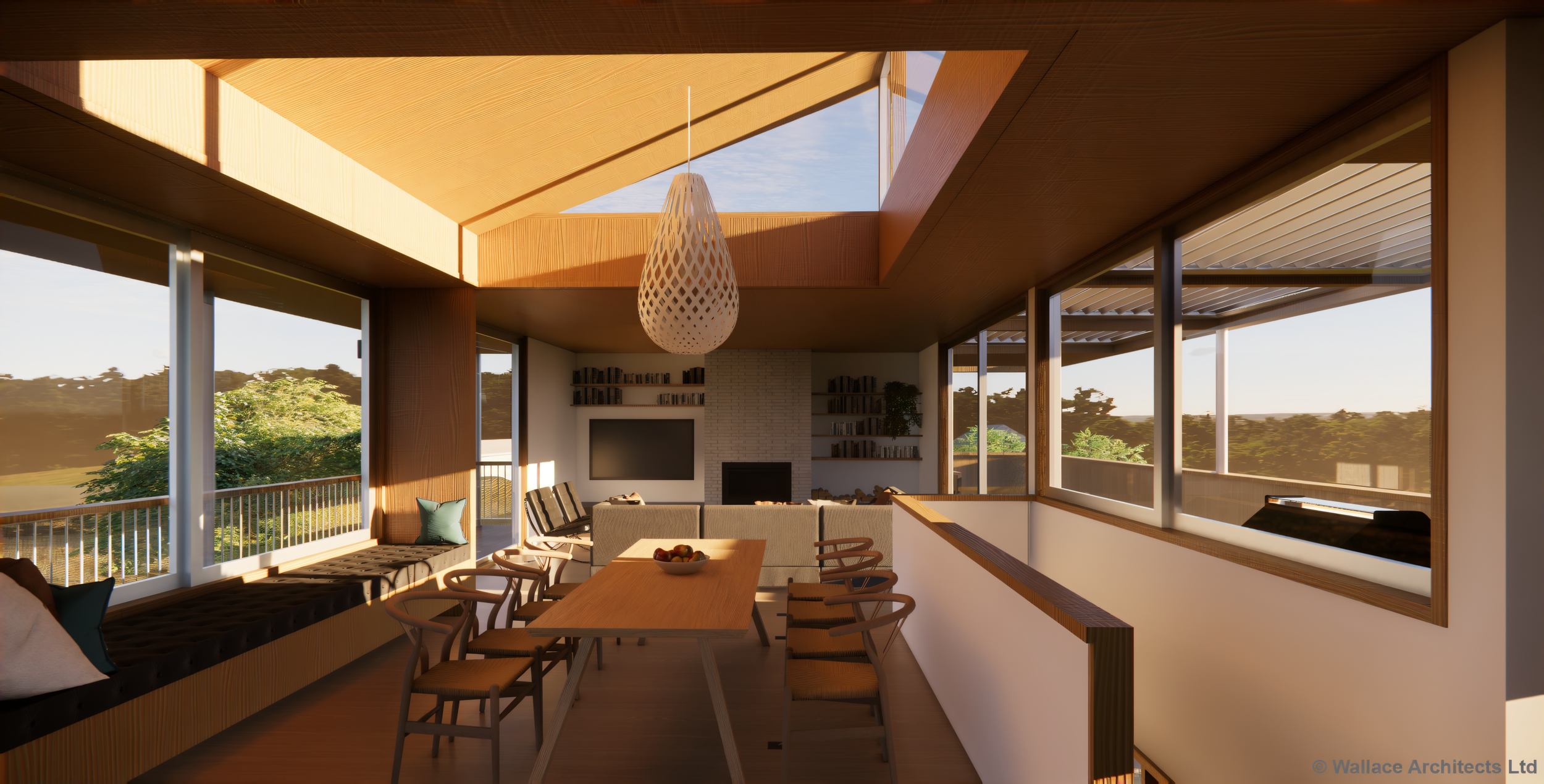 Morning sunlight streaming through skylights into open-plan living and dining area, new coastal home at Waitarere Beach featuring timber construction and panoramic dune views, designed by Wallace Architects for beachfront living