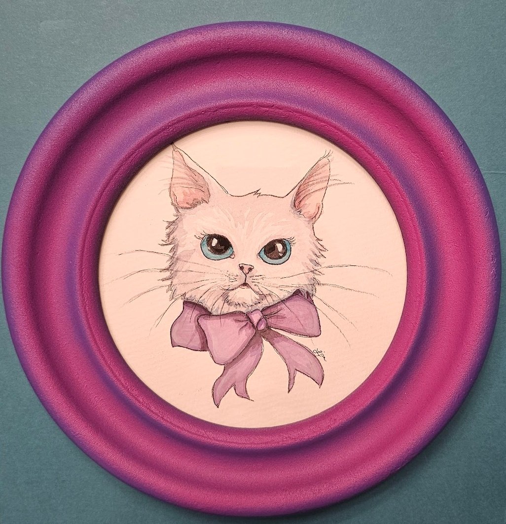 "Do you like my bow?", Watercolor and Ink, Approx 6" round, framed