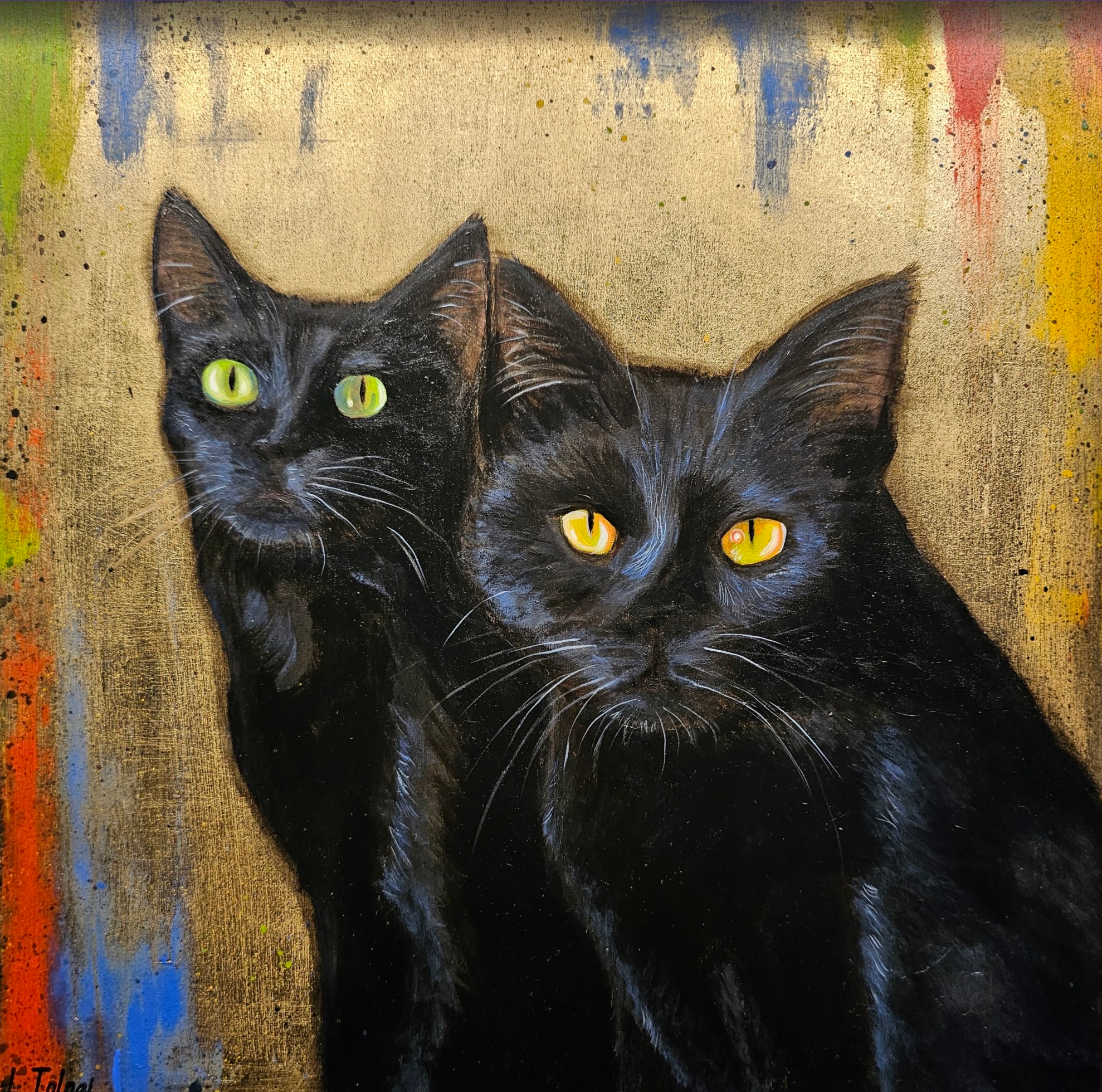 "Coal & Nyx", Acrylic on gold-leaf panel, 12"x12", framed