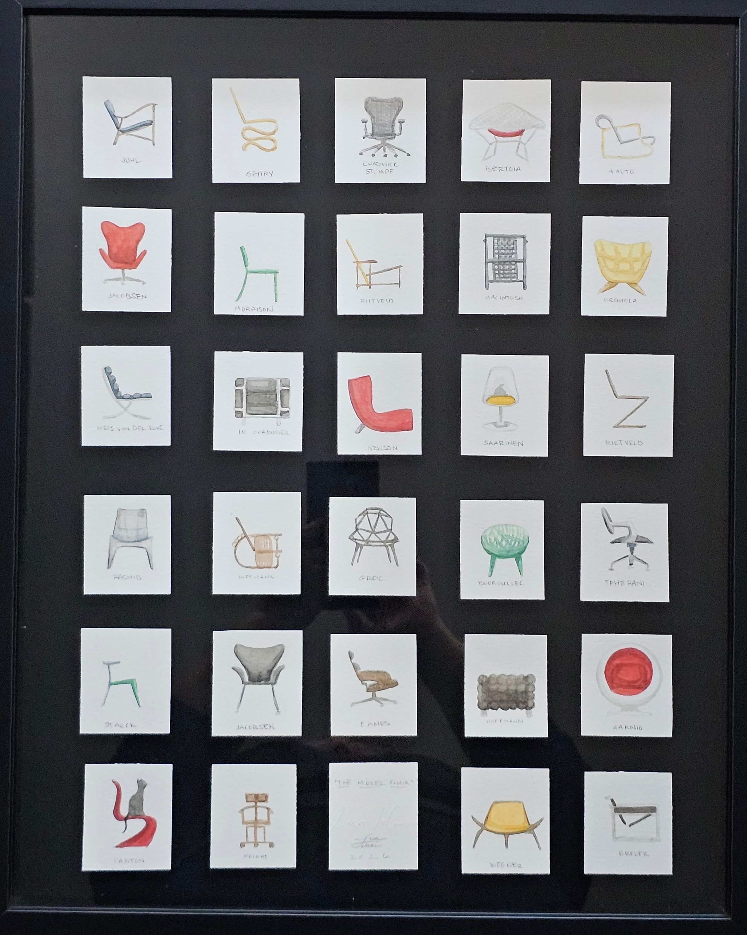 "The Modern Chair", 29 watercolor paintings mounted in shadowbox, 16" x 20"