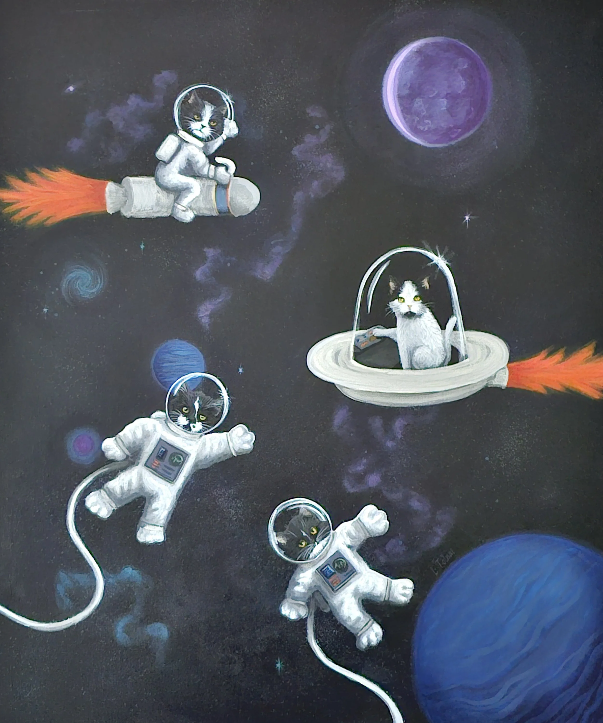 "Space Kitties", Acrylic on canvas,
20" x 24" - NFS