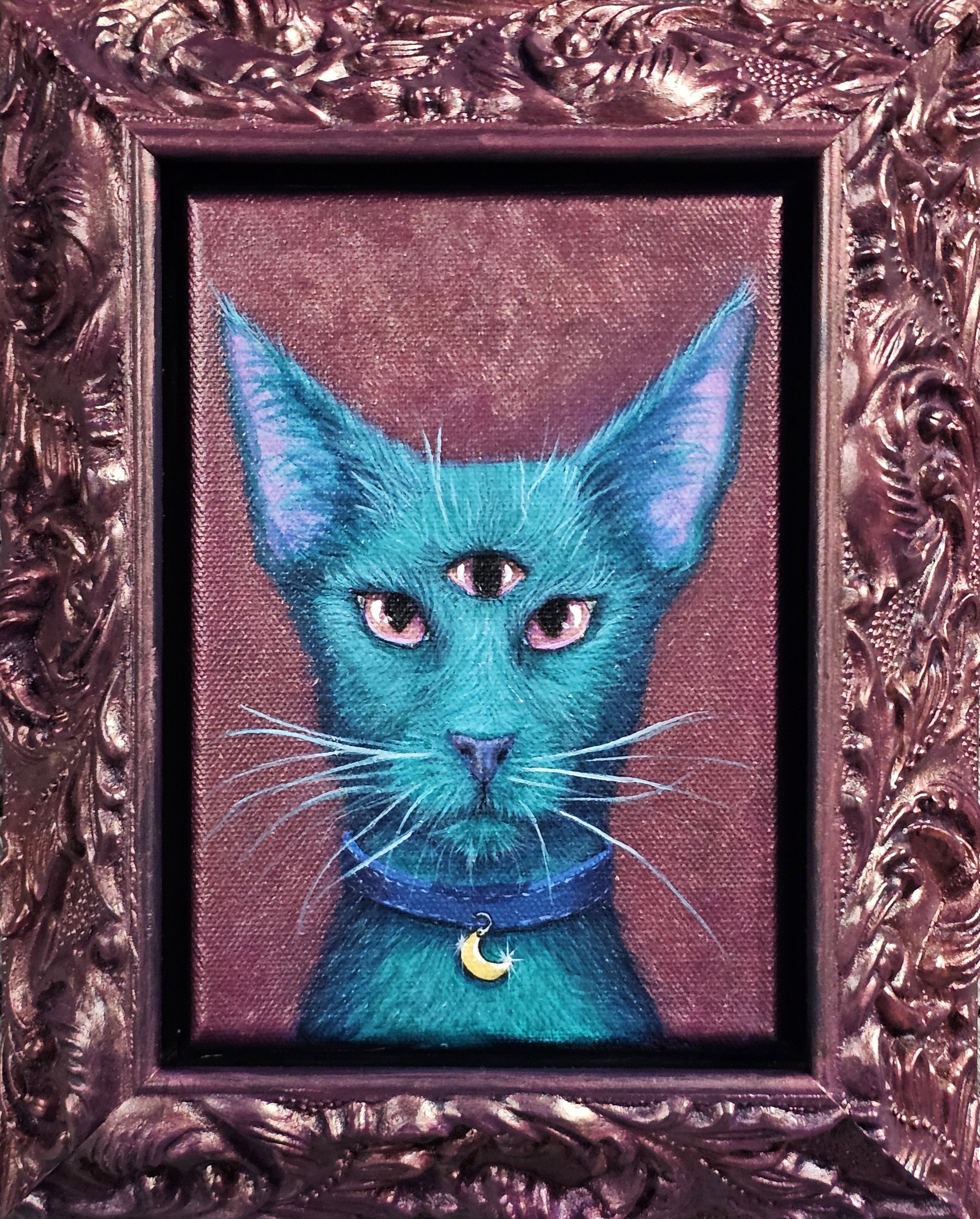 "Mystical Feline", Acrylic on canvas, 5" x 7", antique frame