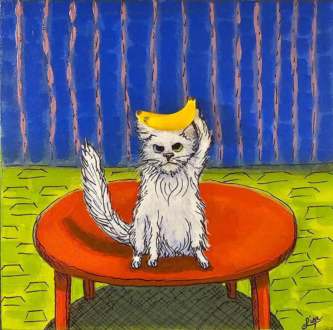 "The Menacing Bananas" acrylic on board with plastic bananas, 5"x5"