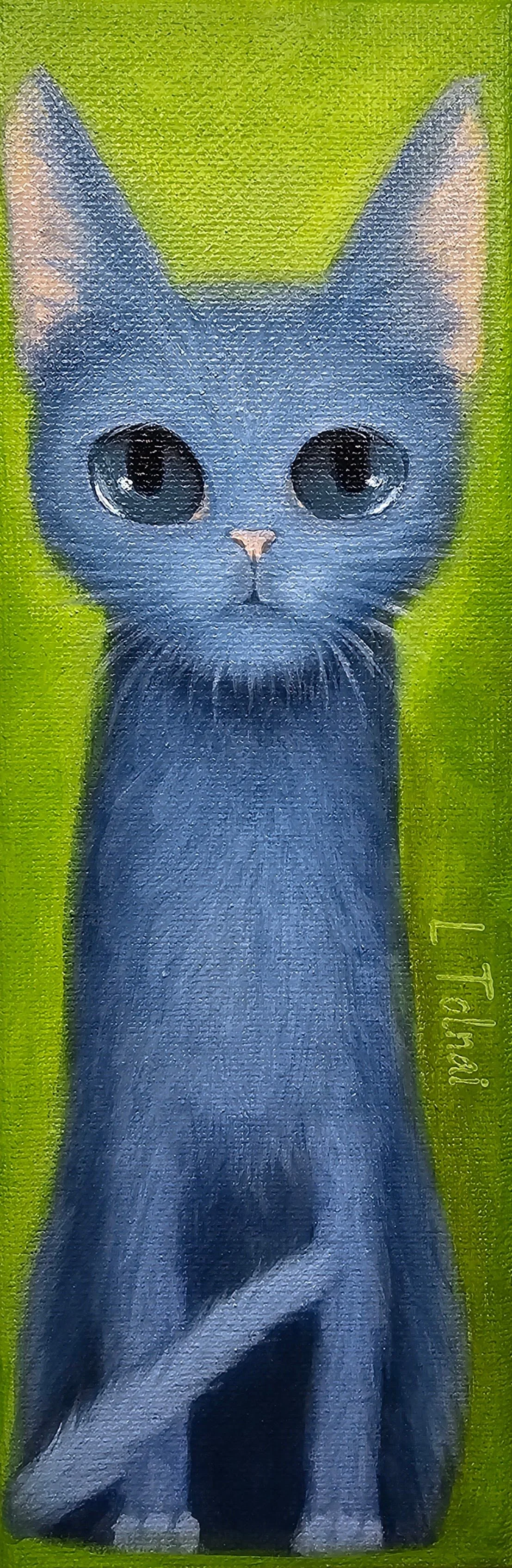"Sad, Big-eyed Cat", Acrylic on canvas, 3" x 9"