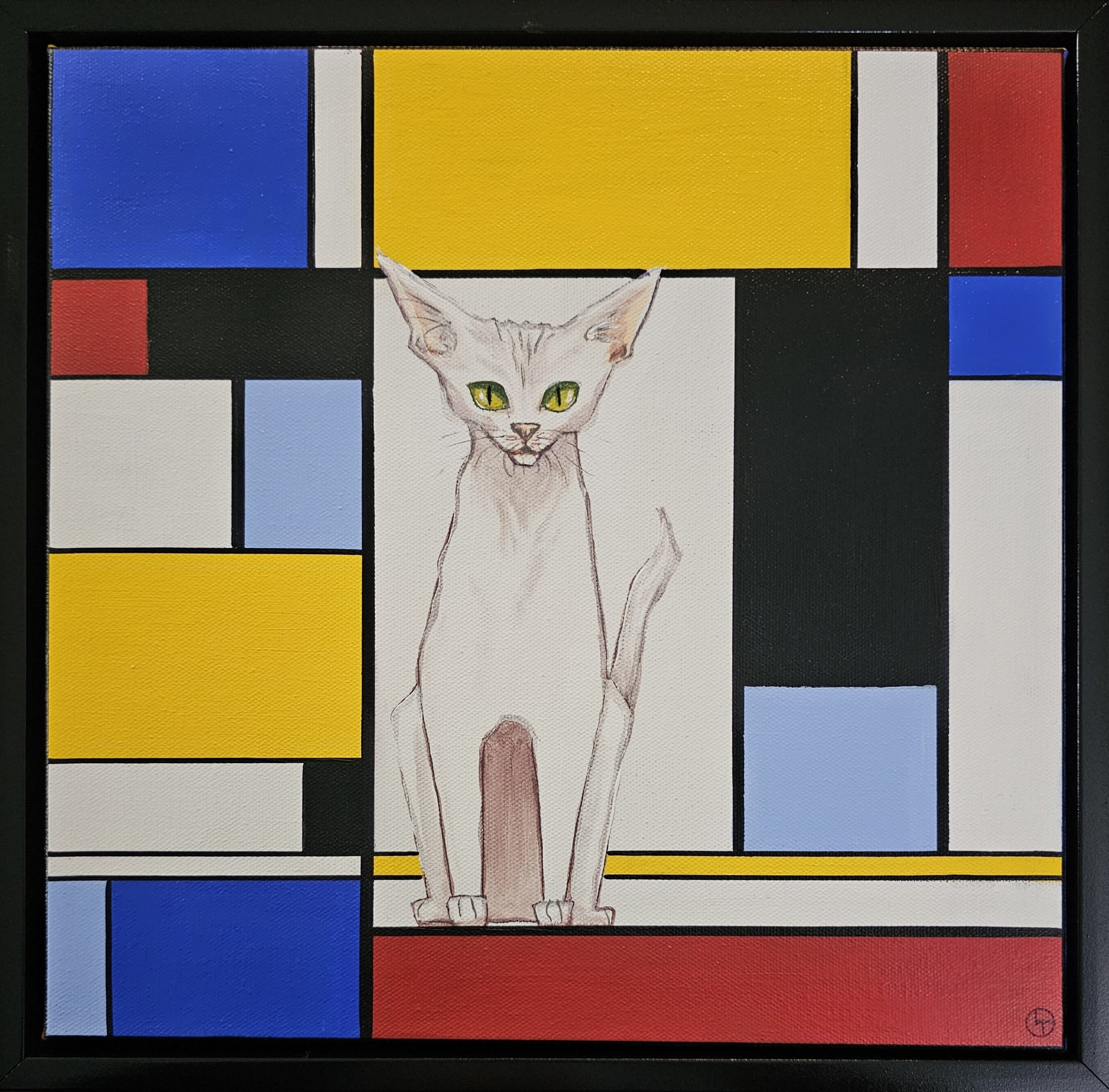 "Mondrian Cat: Trying to Blend In", Acrylic on canvas, 12" x 12", framed