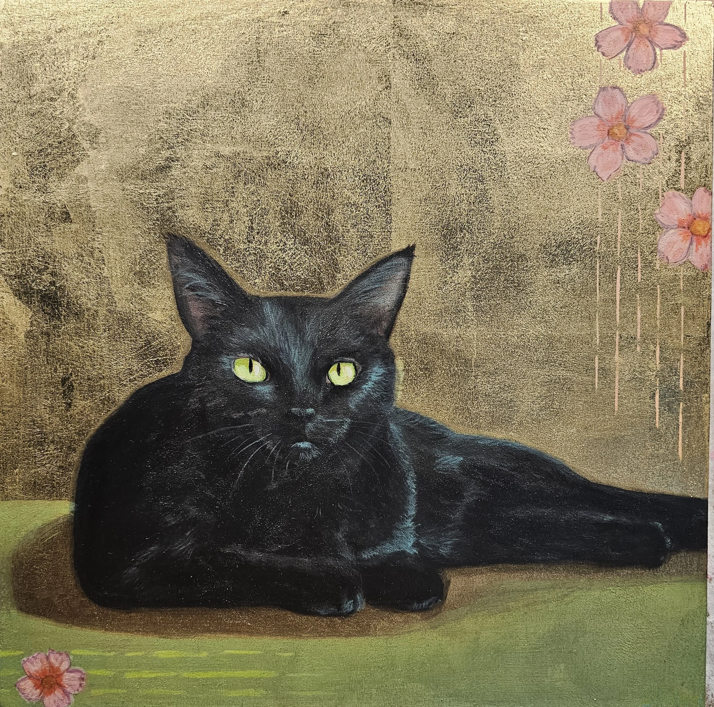 "Zen Cat", Acrylic on gold-leaf panel, 12"x12", framed