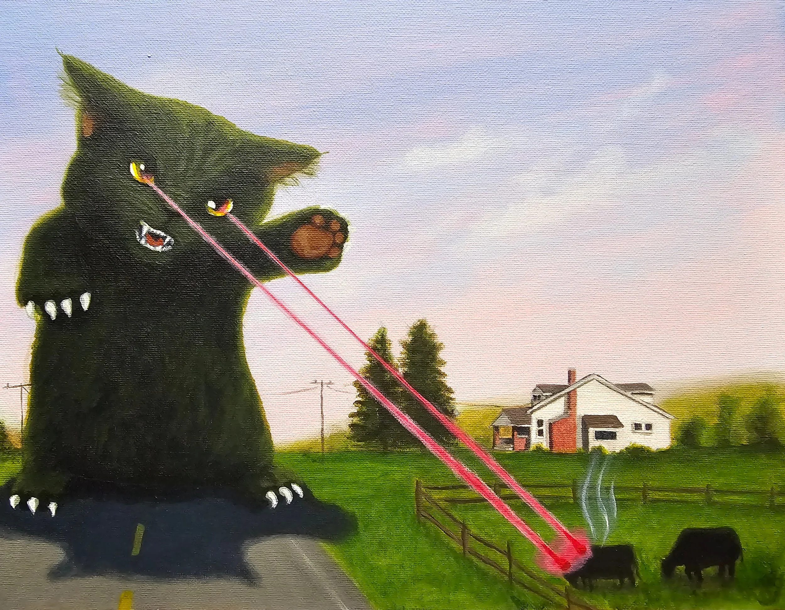 "Who Wants Barbecue?" AKA "Catzilla", Acrylic on panel, 11" x 14", framed - SOLD
