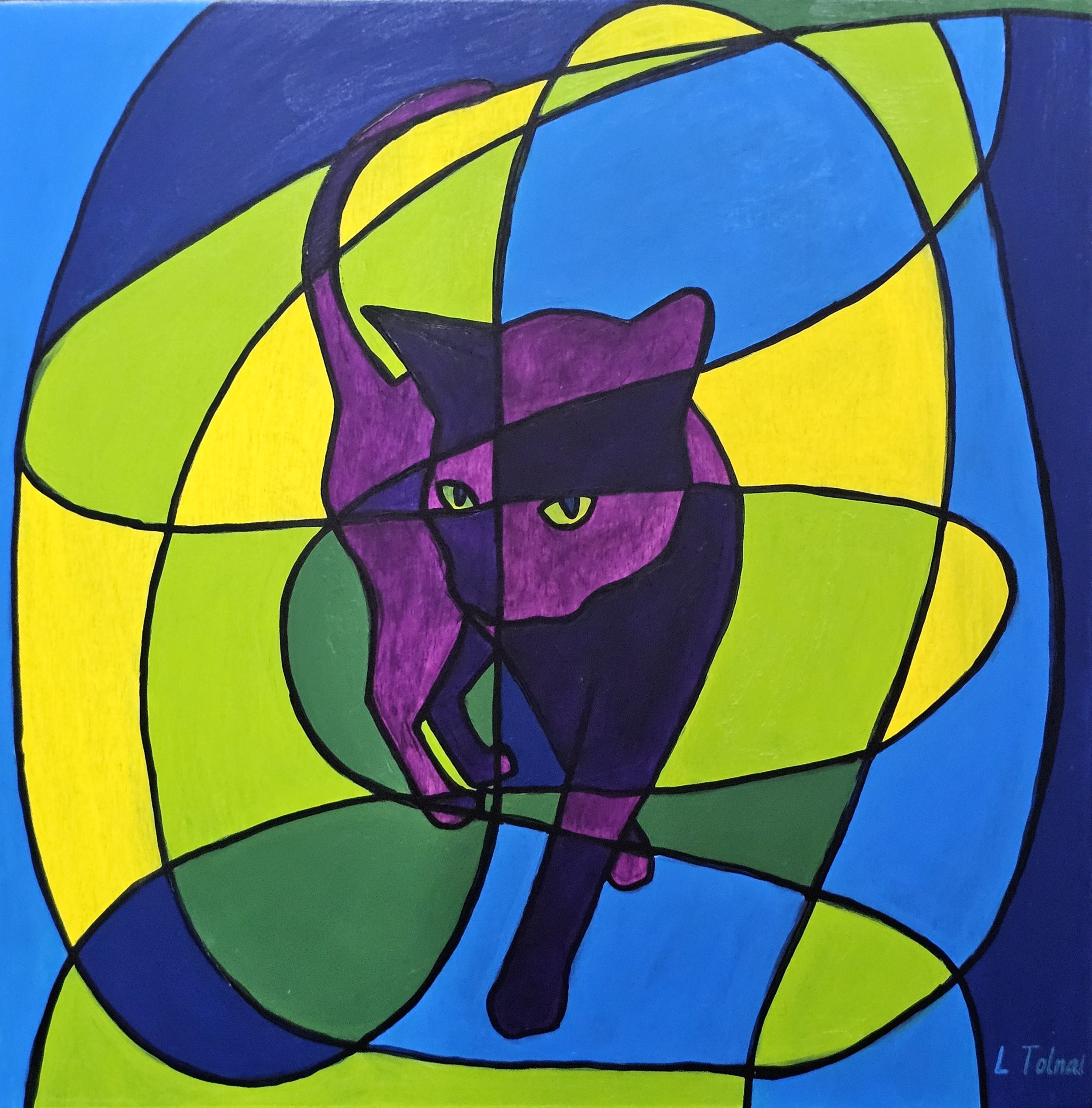 "Kaleidoscope Cat" Acrylic on gallery-depth wood panel, 12" x 12", framed