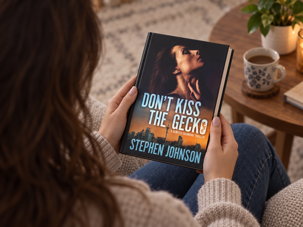 Cover of Don't Kiss the Gecko, a Rebecca Cashmore psychological thriller by Stephen Johnson