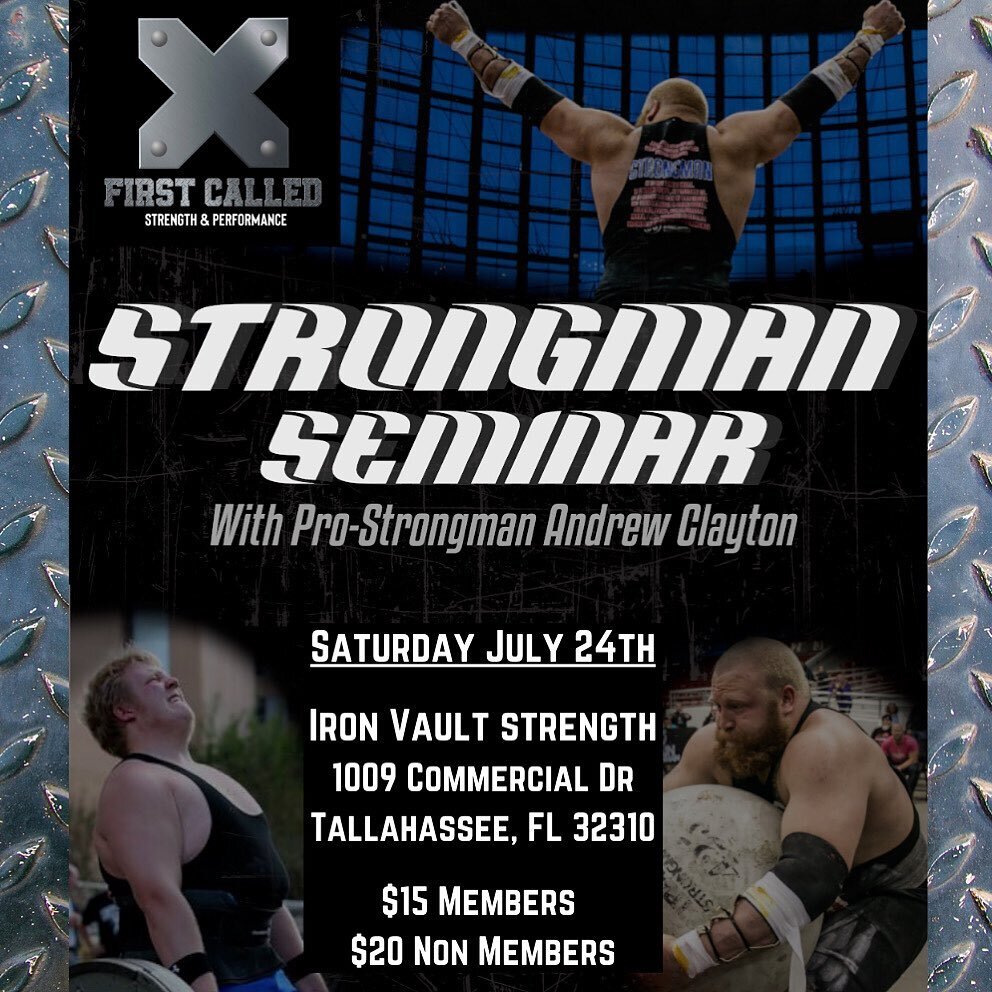📣 𝐒𝐓𝐑𝐎𝐍𝐆𝐌𝐀𝐍 𝐒𝐄𝐌𝐈𝐍𝐀𝐑⁣ 📣
⁣
Iron Vault Strength Gym⁣
@iron_vault_strength 
Saturday, July 24th, 2021⁣
Seminar 10:30am-12:30pm with lift along after following lunch break ⁣
⁣
⁣
📍1009 Commercial Drive, Tallahassee, FL 32310⁣
⁣
Topics co