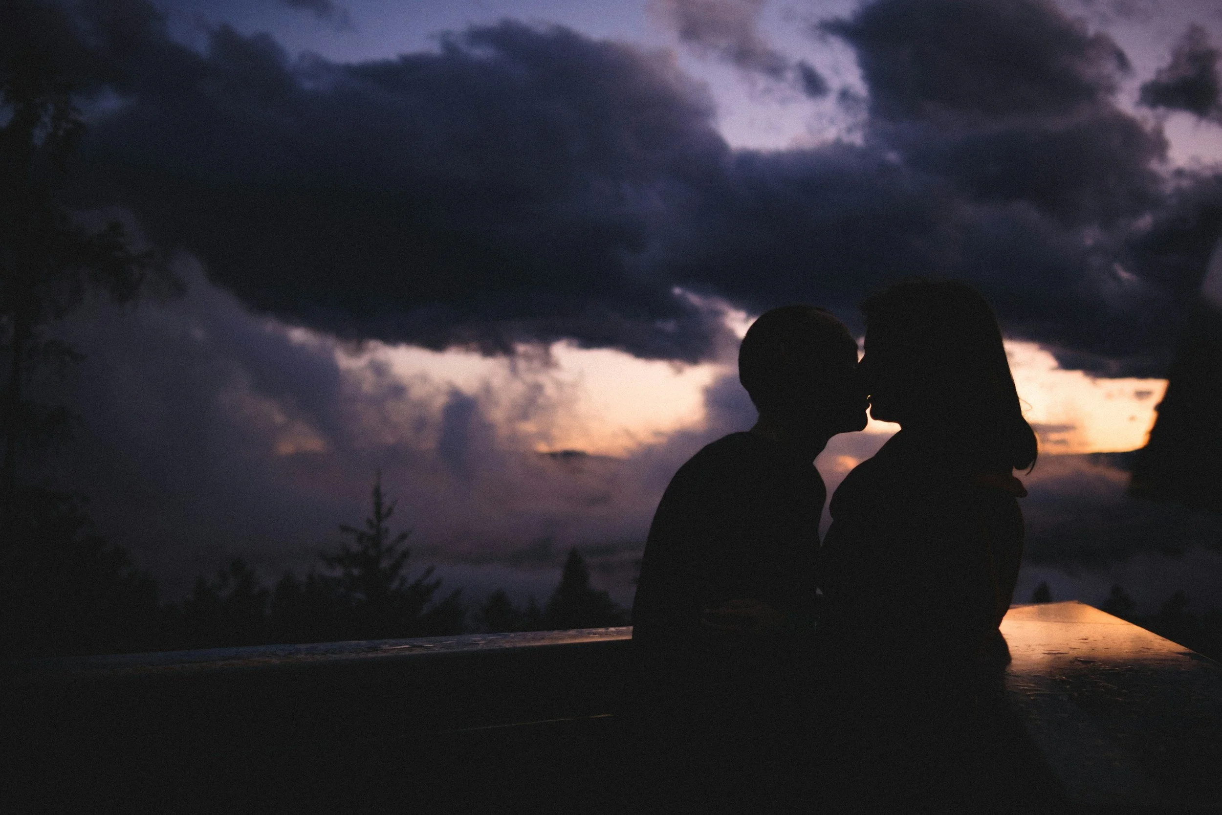 Silhouette of a couple kissing at sunset with dark clouds in the sky and trees in the background.
