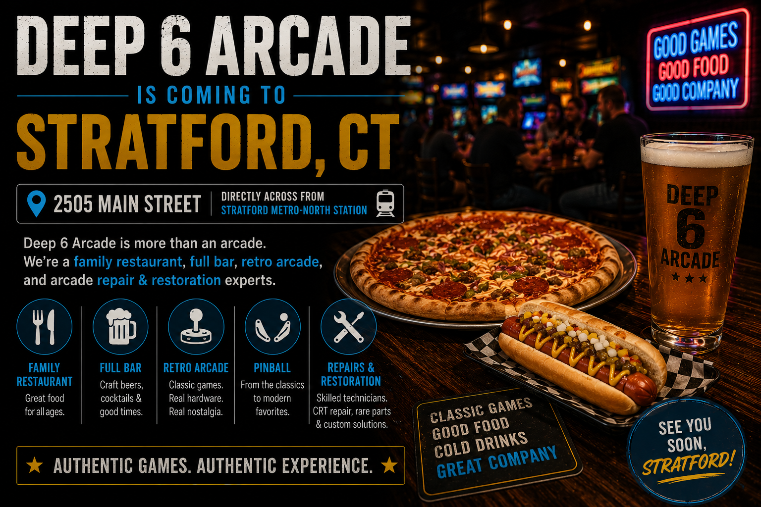 Deep 6 Arcade Is Coming to Stratford, CT — Retro Arcade, Restaurant &amp; Bar Across From Metro-North