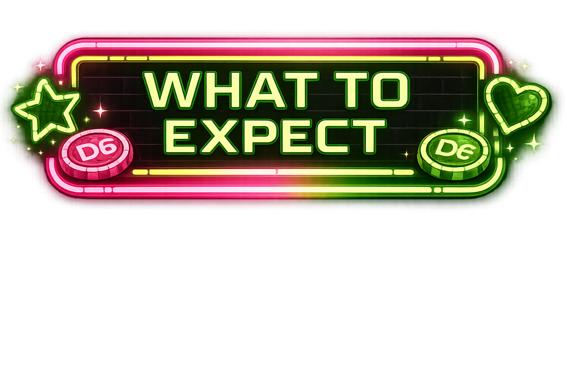 Neon sign with the words "What to Expect" in green, surrounded by neon stars, a heart, and poker chips labeled Deep 6 Arcade