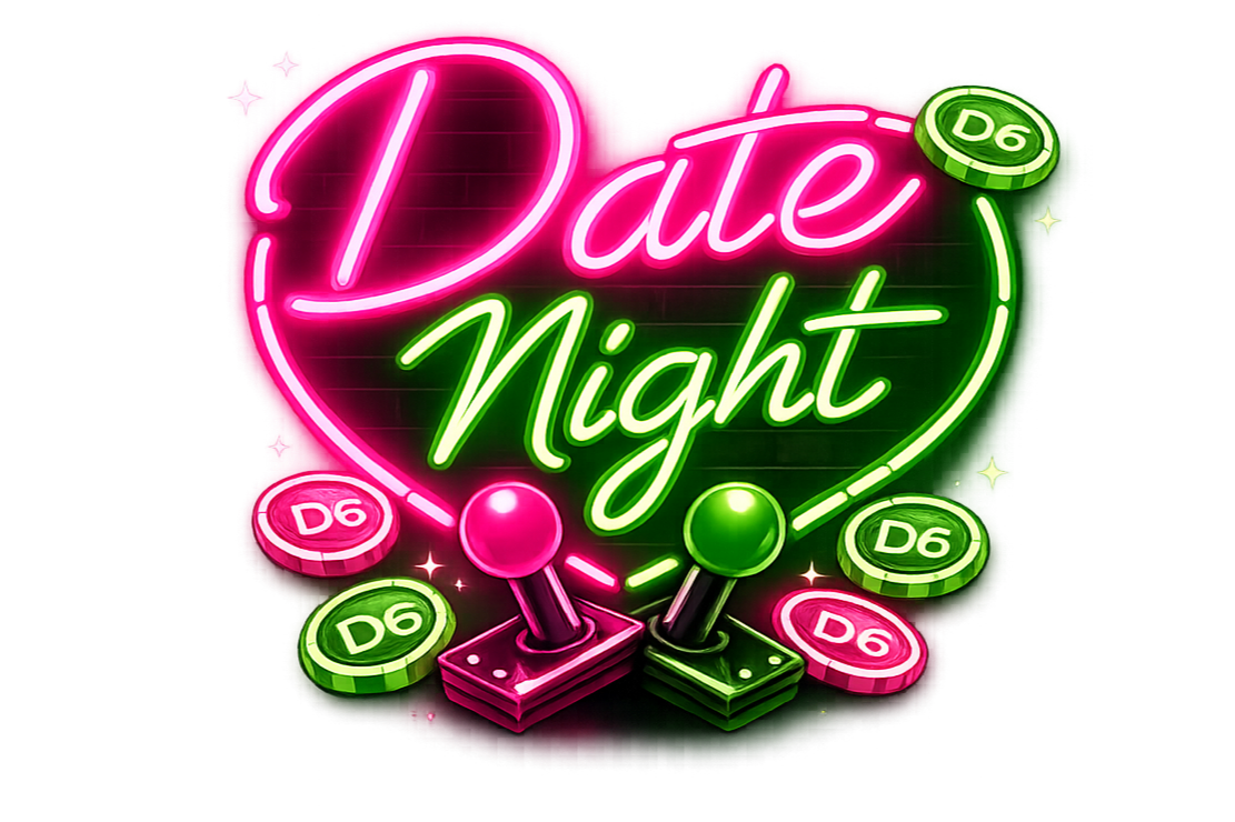 Neon sign reading "Date Night" with pink and green colors, featuring arcade game joysticks and Deep 6 Arcade dice.