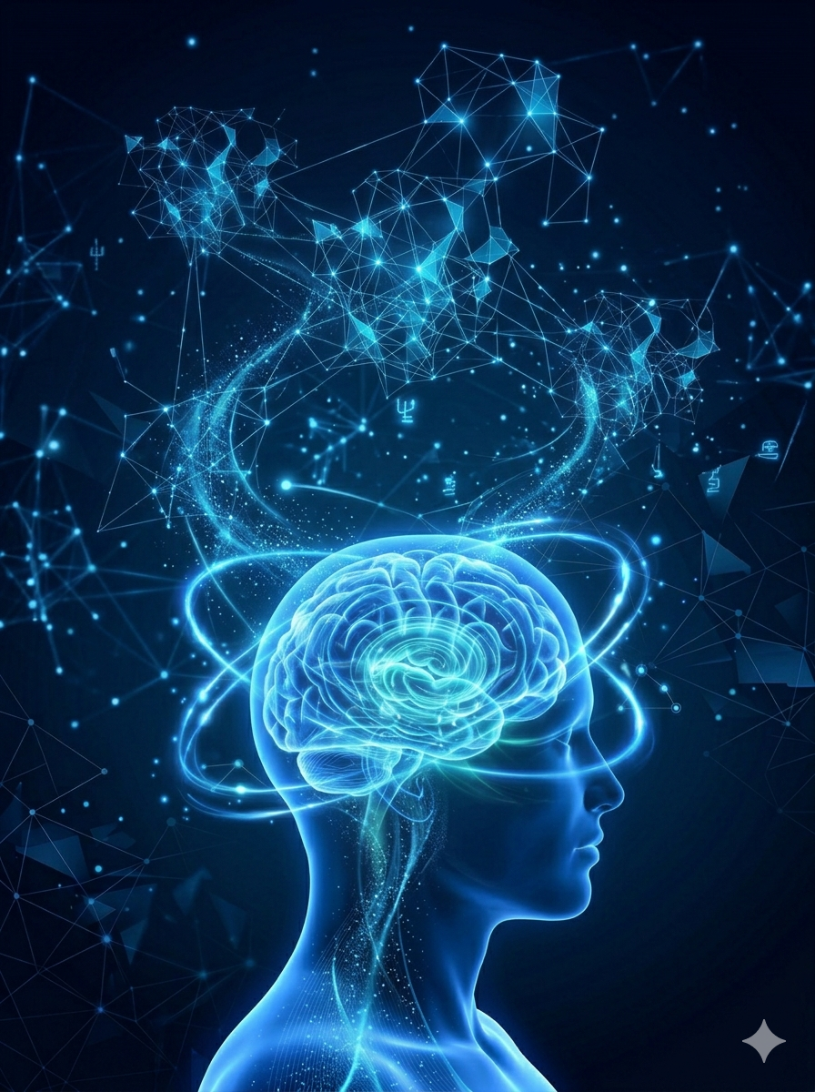 Digital illustration of a human profile with a glowing brain, surrounded by interconnected neural networks and abstract data points in a futuristic, technological style.