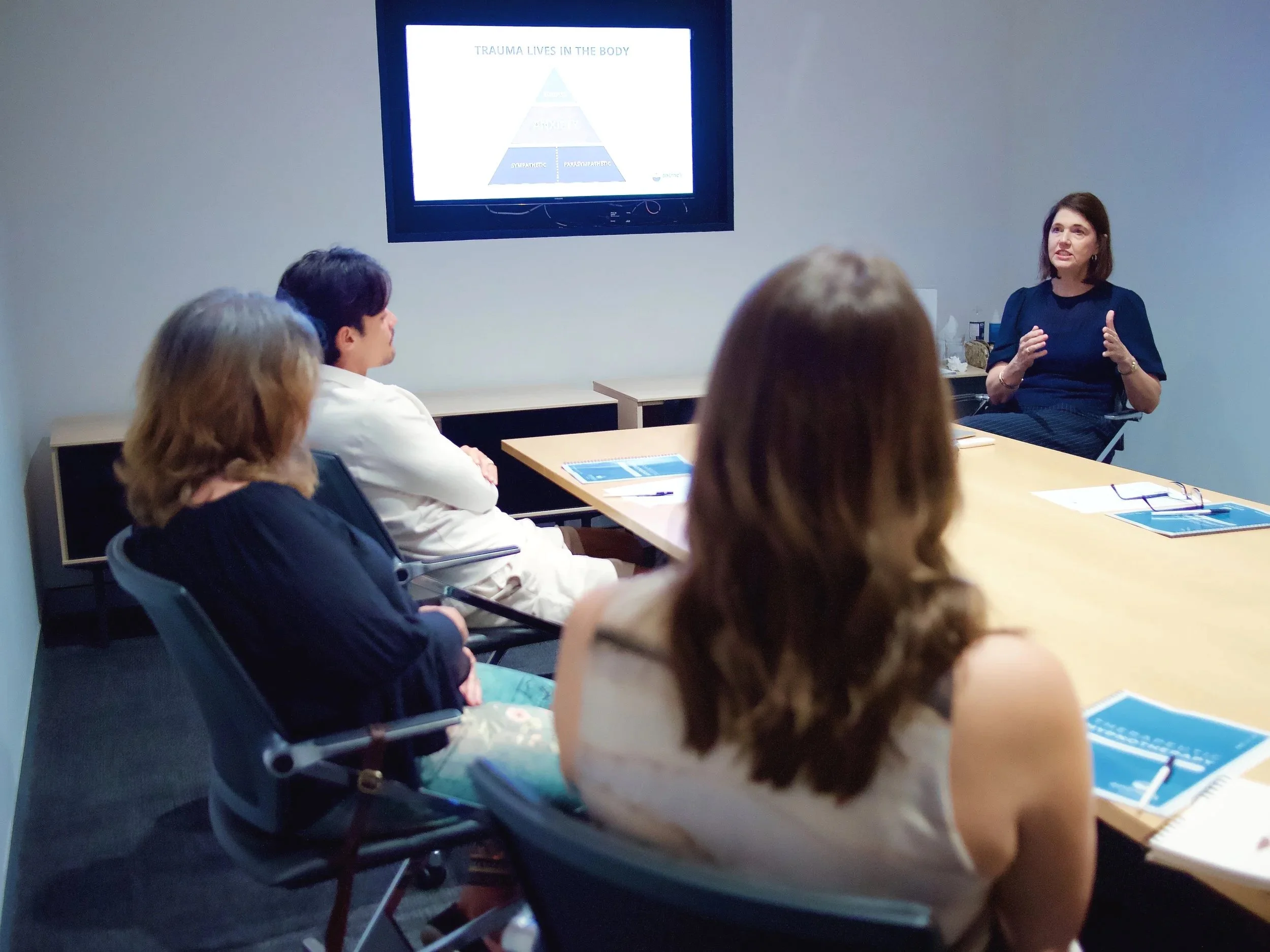 A woman is giving a presentation to a small audience in a conference room. The presenter is sitting and gesturing with her hands, with a slide about trauma on the screen behind her. The audience, consisting of several people, is seated at tables listening attentively.