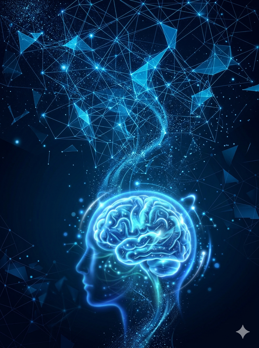 Digital illustration of a human profile with a glowing brain, surrounded by geometric lines and points representing neural connections and a cosmic digital network in blue.