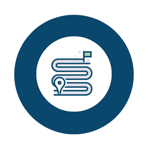 Icon of a maze or path with a starting point and a flag at the end, enclosed in a dark blue circle.
