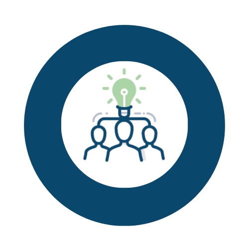 Icon of three people with a light bulb above their heads, representing teamwork and ideas.