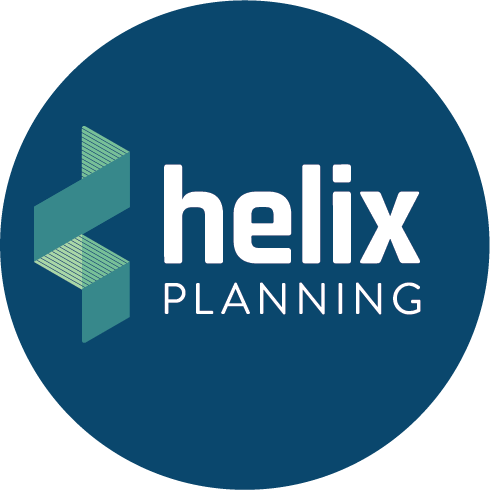 Helix Planning logo with stylized hexagon design and text on a dark blue circular background.