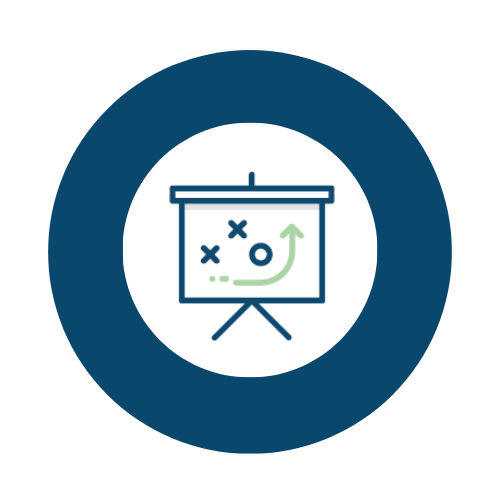 Icon of a sports strategy board with Xs and a circle, and an arrow showing a planned move, inside a dark blue circle.