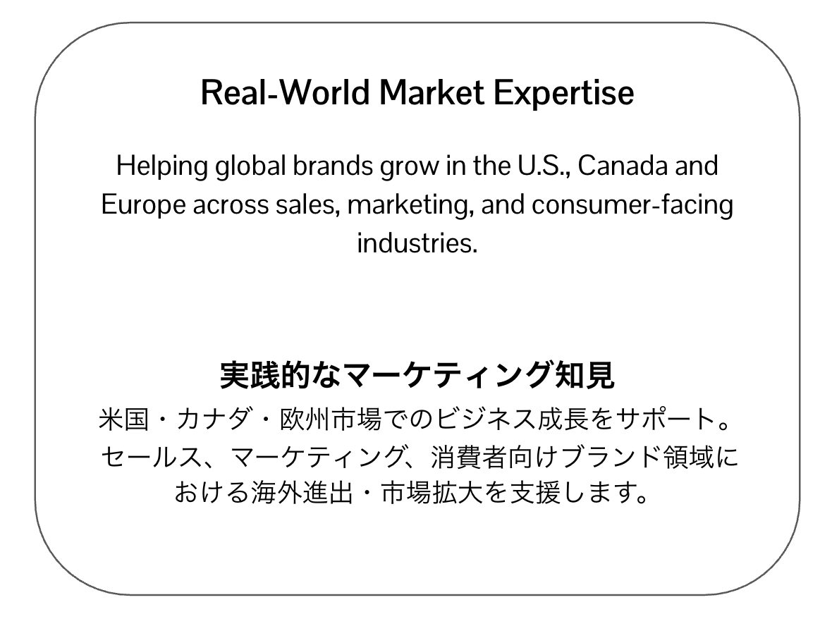 Real world marketing Expertise: Helping global brands grow in the US, Canada, and Europe across sales, marketing, and consumer-facing industries. 実践的なマーケティング知見：米国・カナダ・欧州市場でのビジネス成長をサポート。セールス、マーケティング、消費者向けブランド領域における海外進出・市場拡大を支援します。
