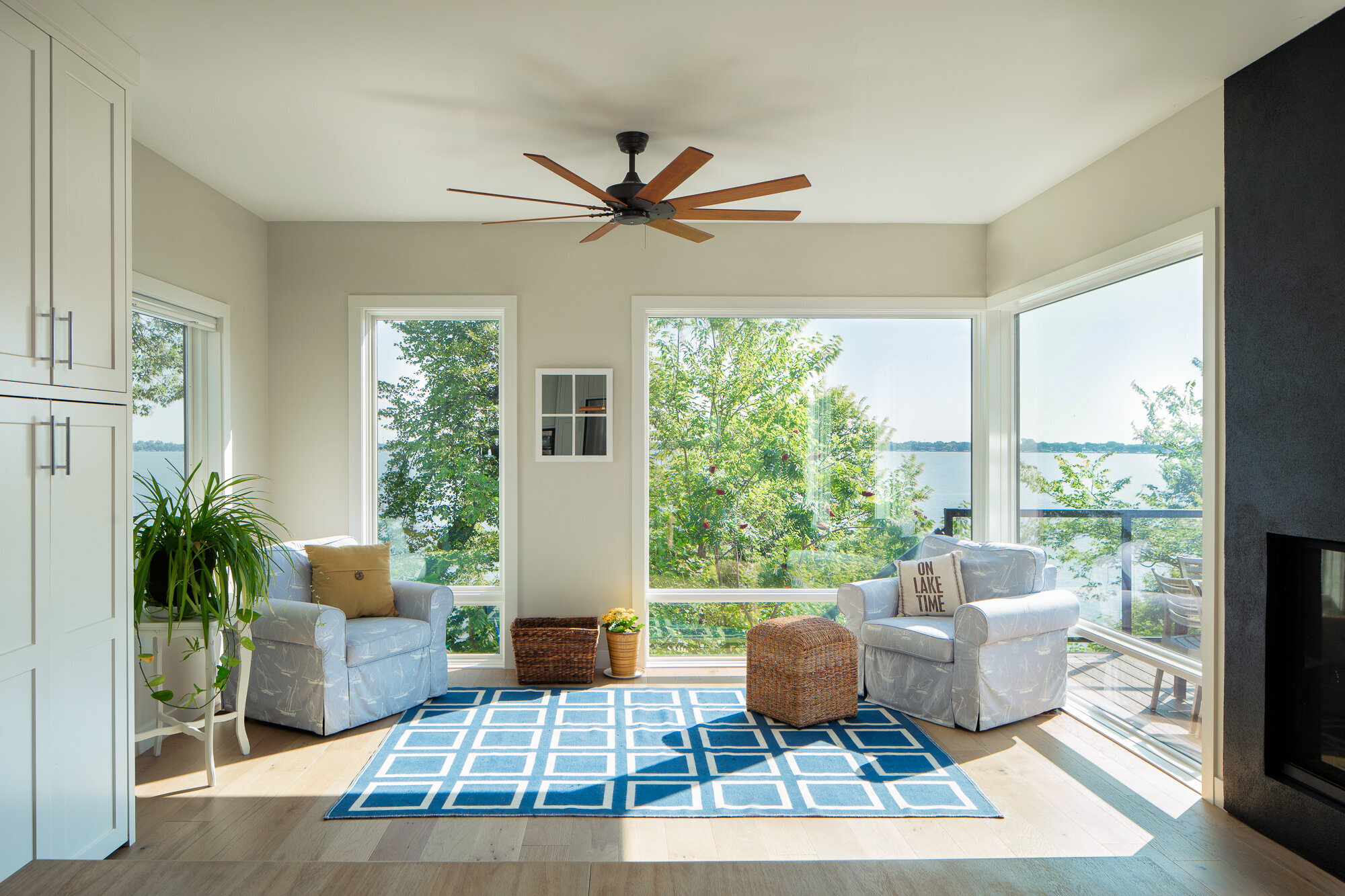 Modern living room overlooking Clear Lake, IA