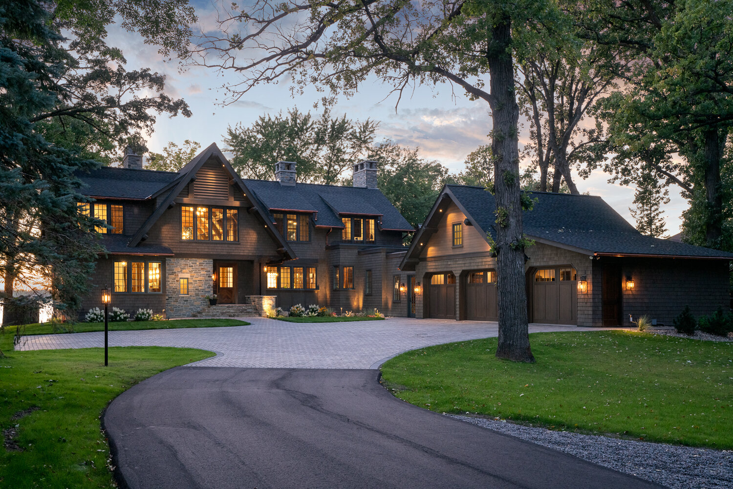 Evening architectural photograph of a lake home