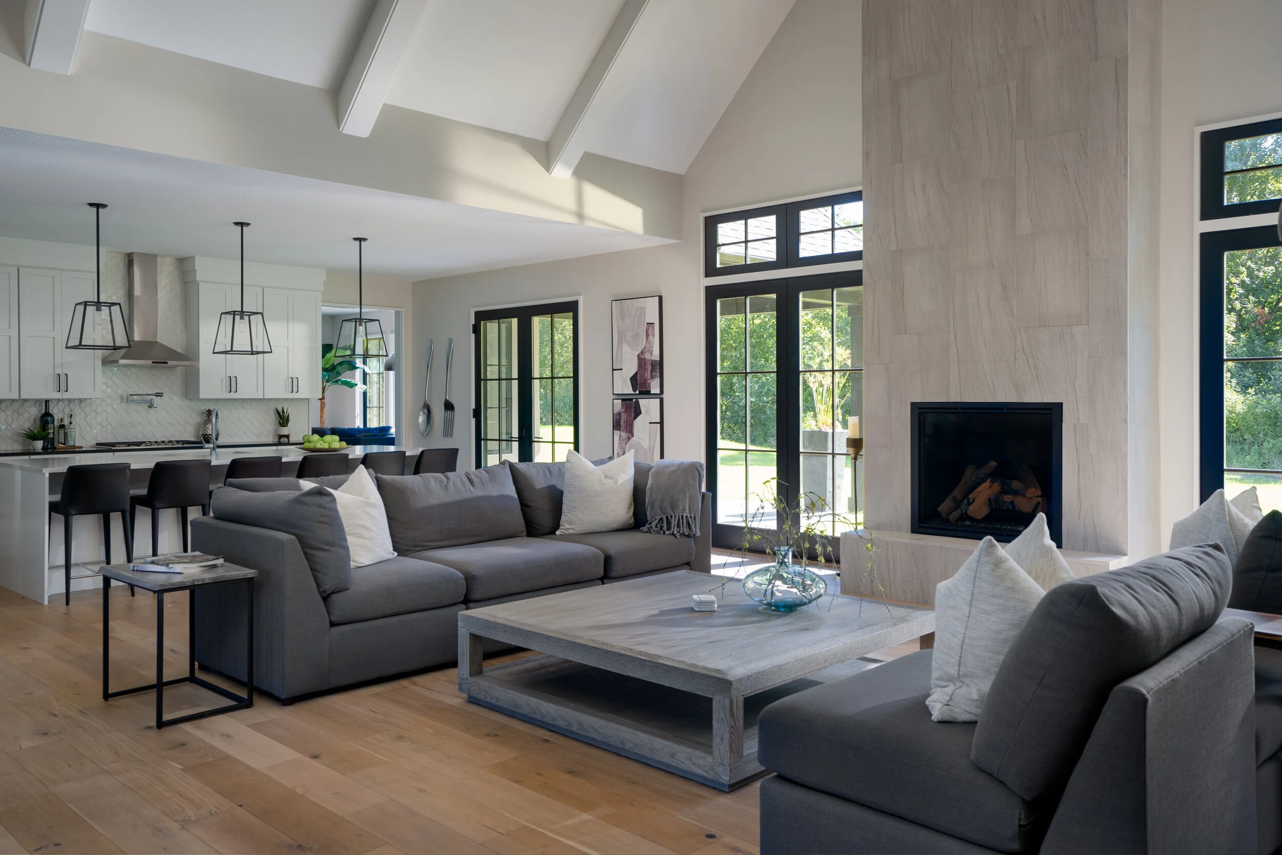 Modern living room featuring Vetter Stone fireplace