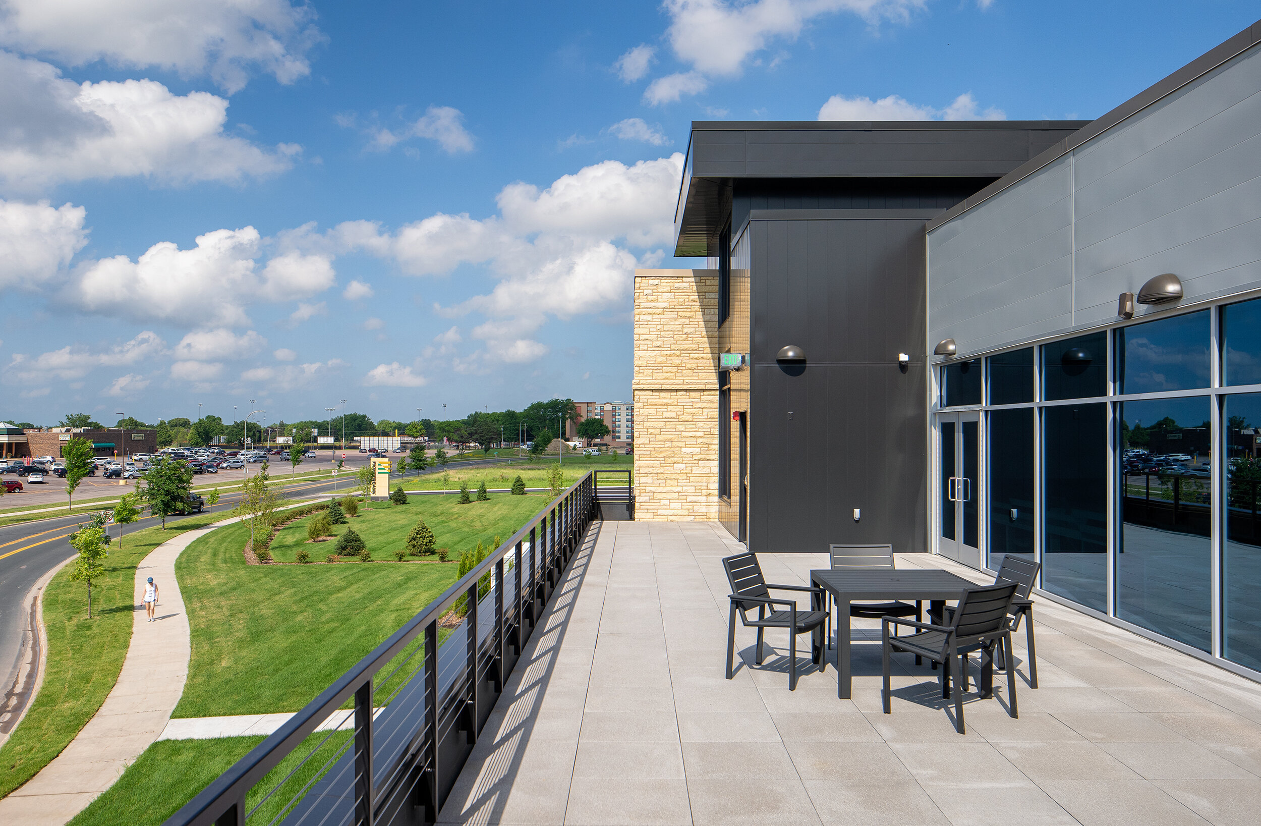 Architectural photography of the second level balcony at event space in Minnesota