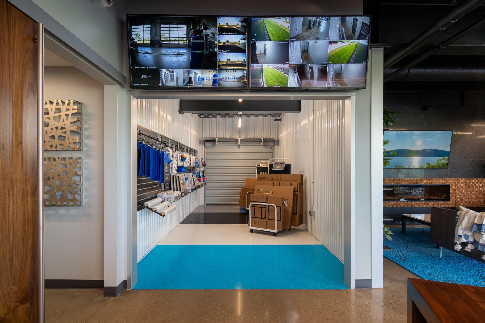 Retail area featuring colored tile to indicate size of units