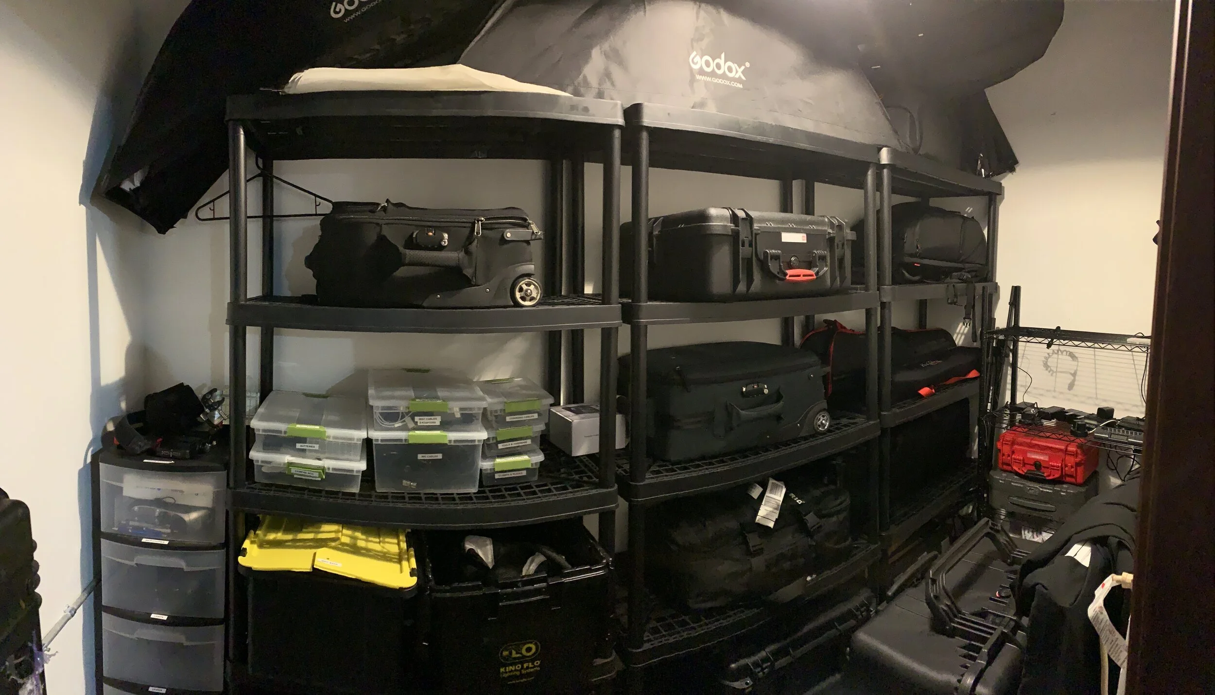 Closet full of equipment for architectural photography