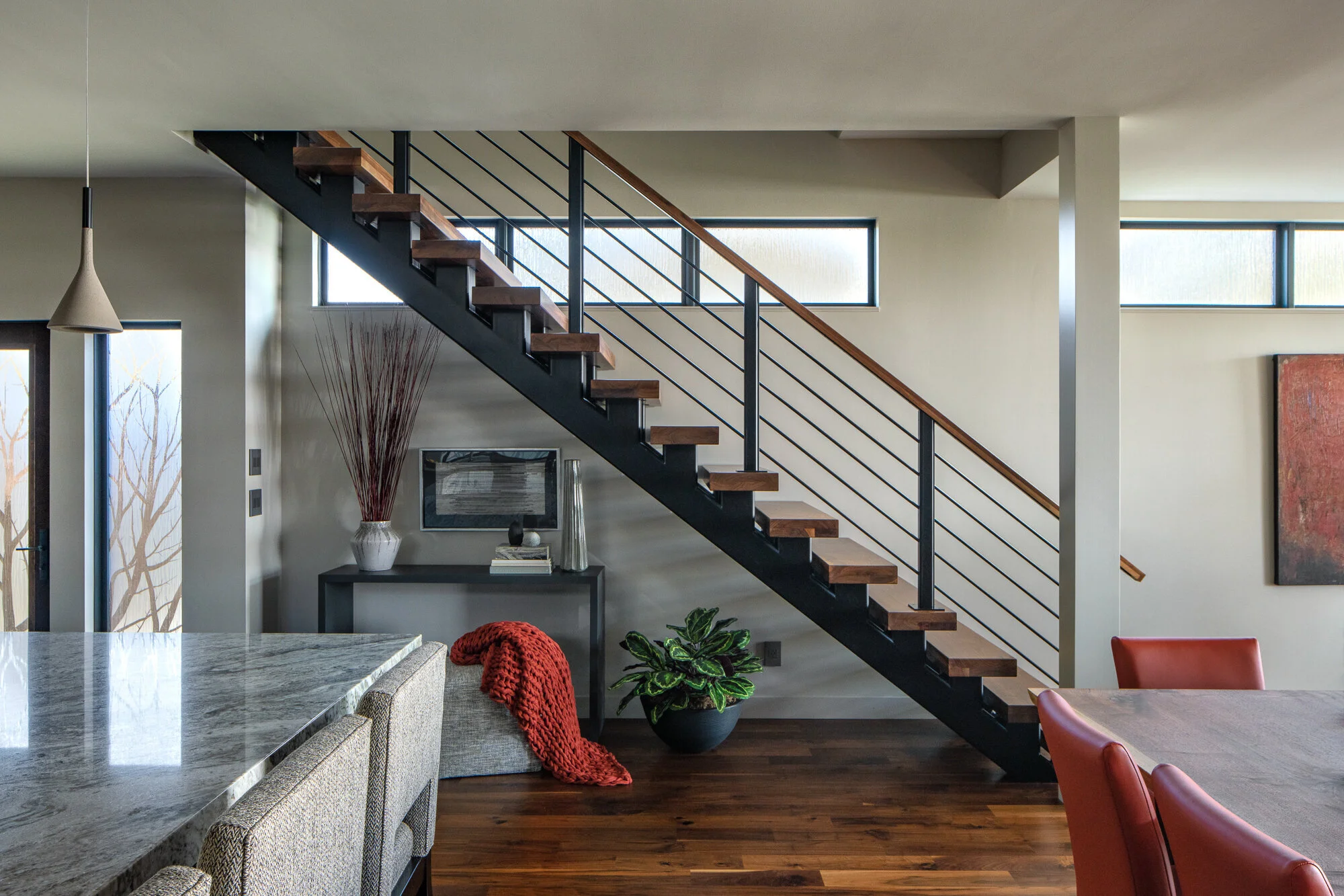 Modern iron stairway with morning light shining through