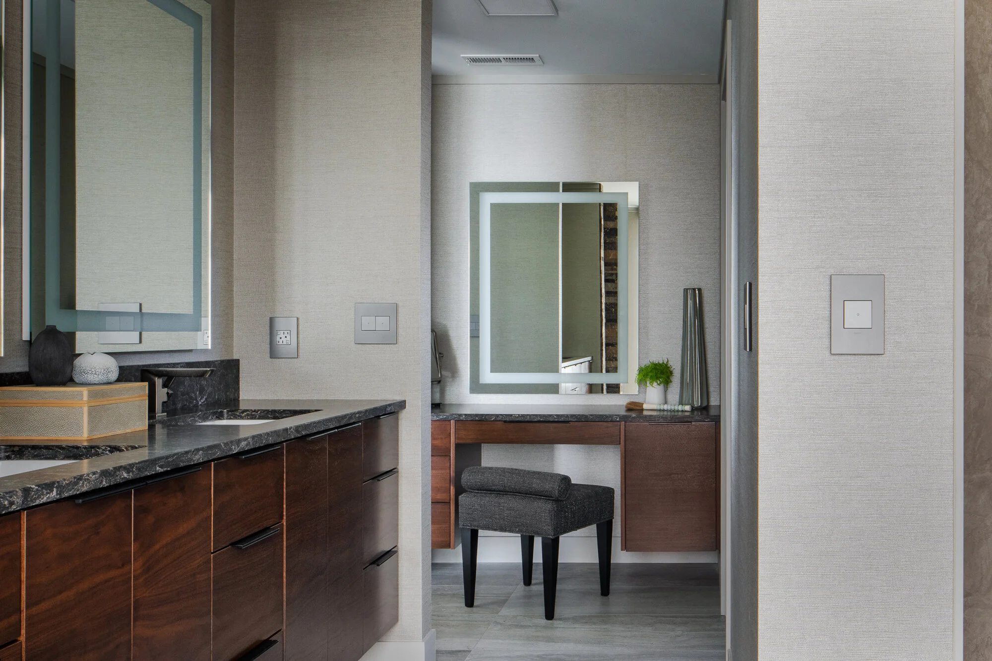 Modern lake home primary bathroom