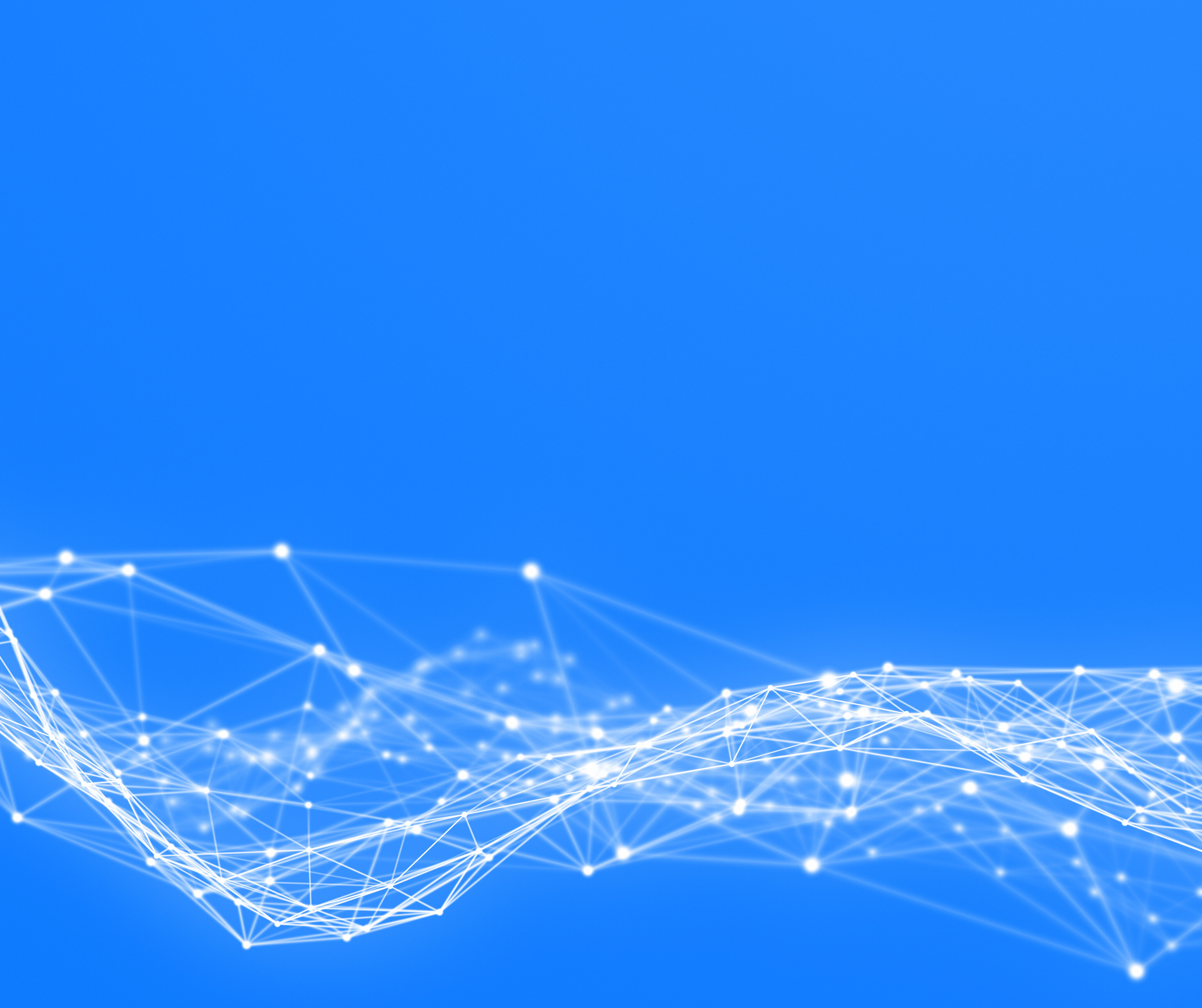 Digital network visualization with interconnected glowing white points on a blue background.