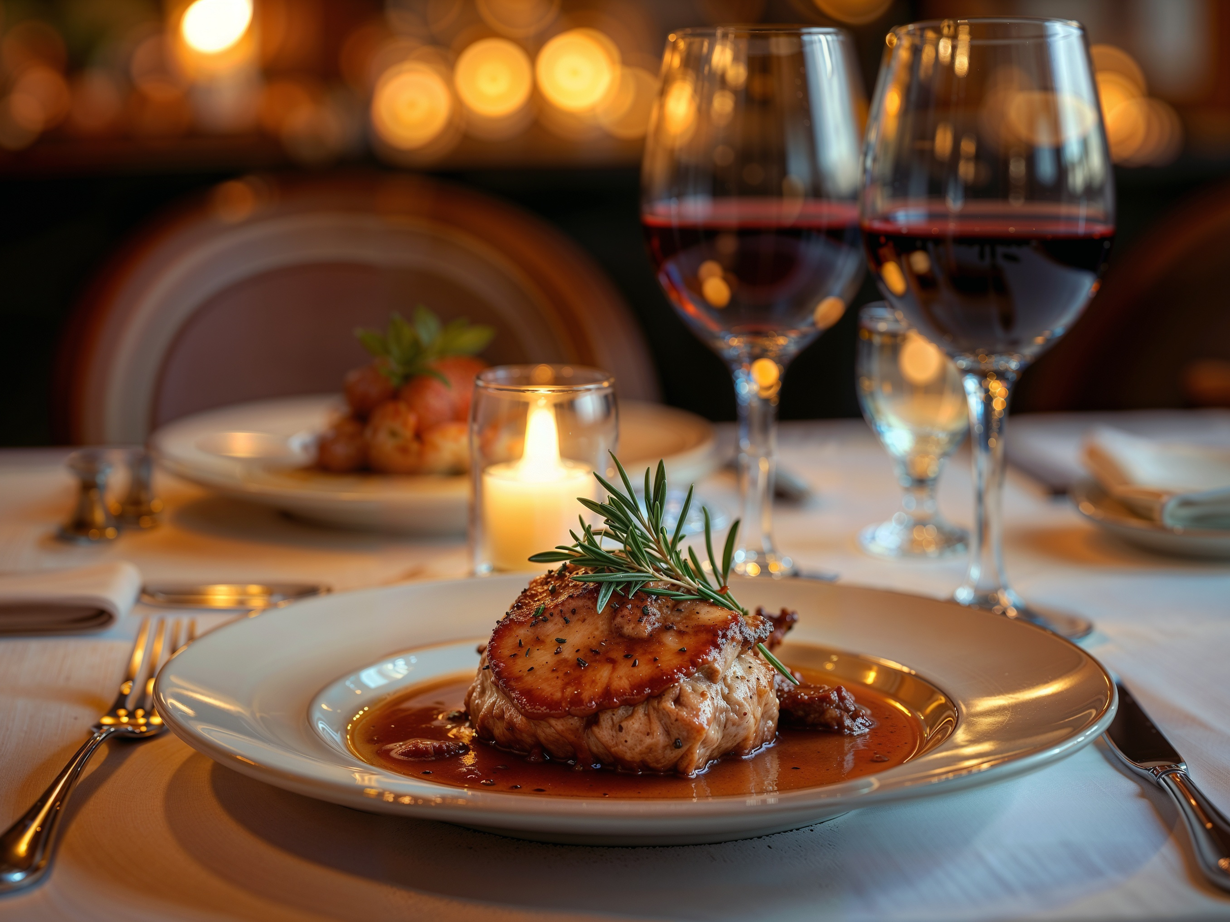 Fancy, upscale entree on plate with red wine