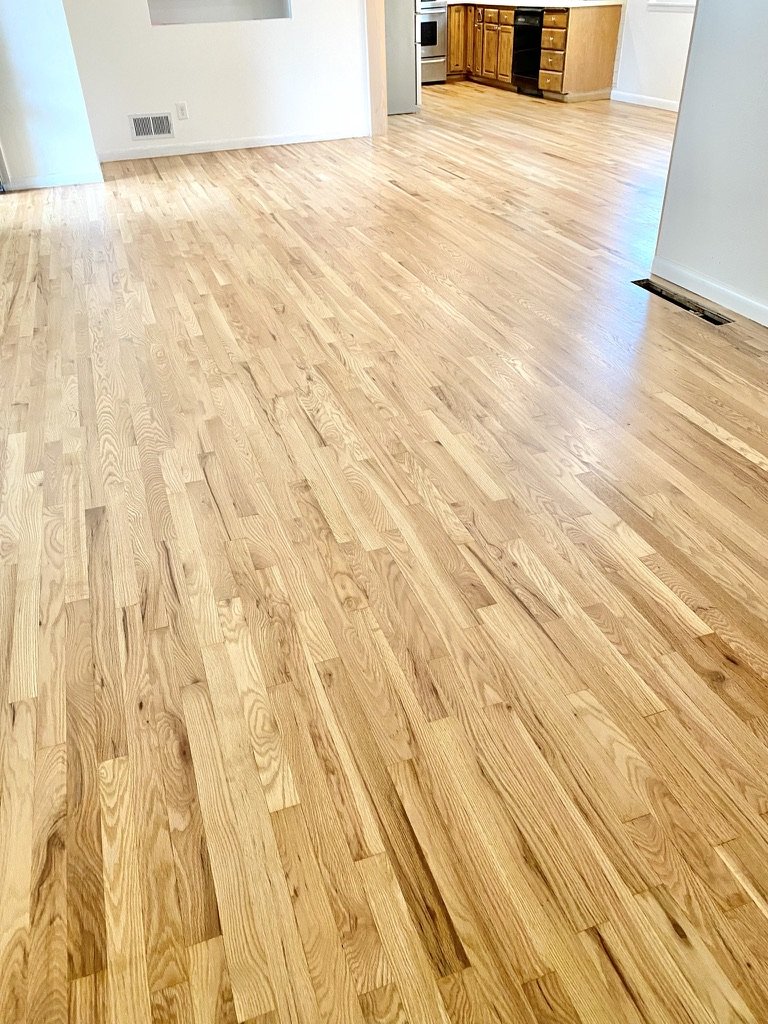 Freshly sanded or polished hardwood floor in a bright, open kitchen and living area.