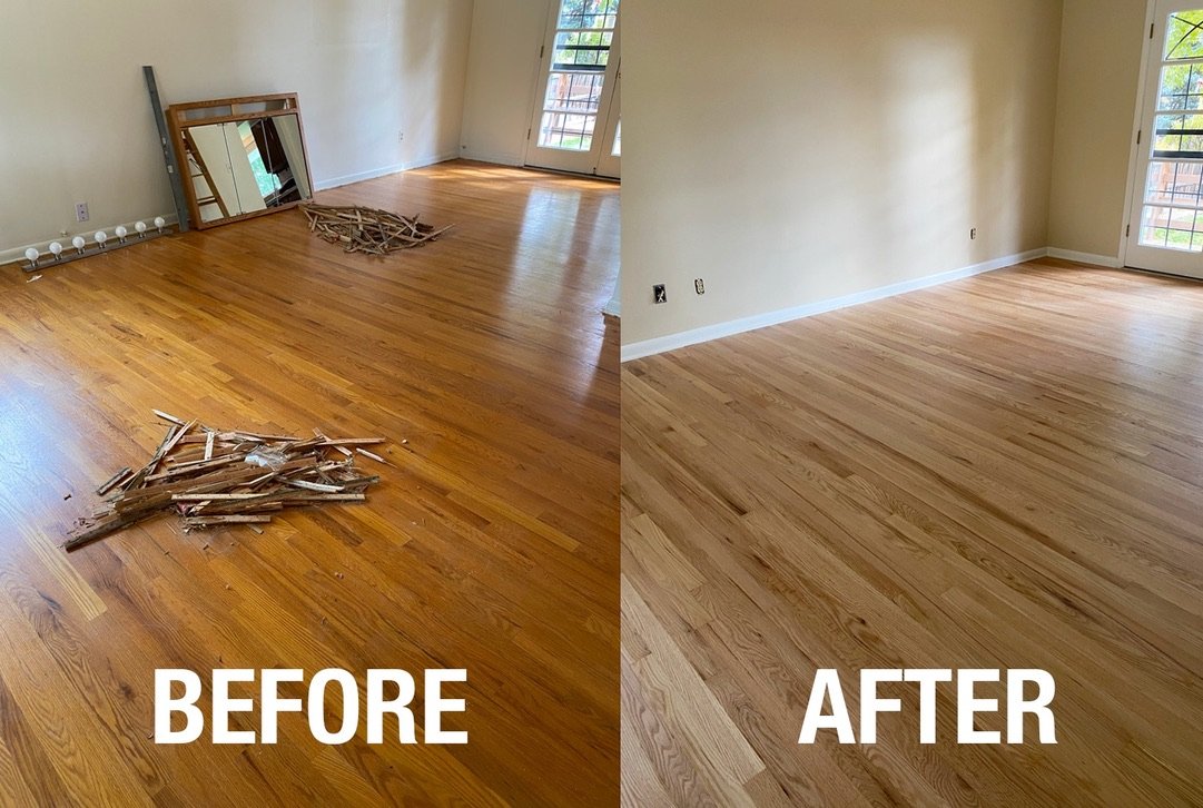 Comparison of a room's wooden floor before and after refinishing, with the 'before' showing damaged, torn-up wood and the 'after' showing smooth, fresh wooden flooring.