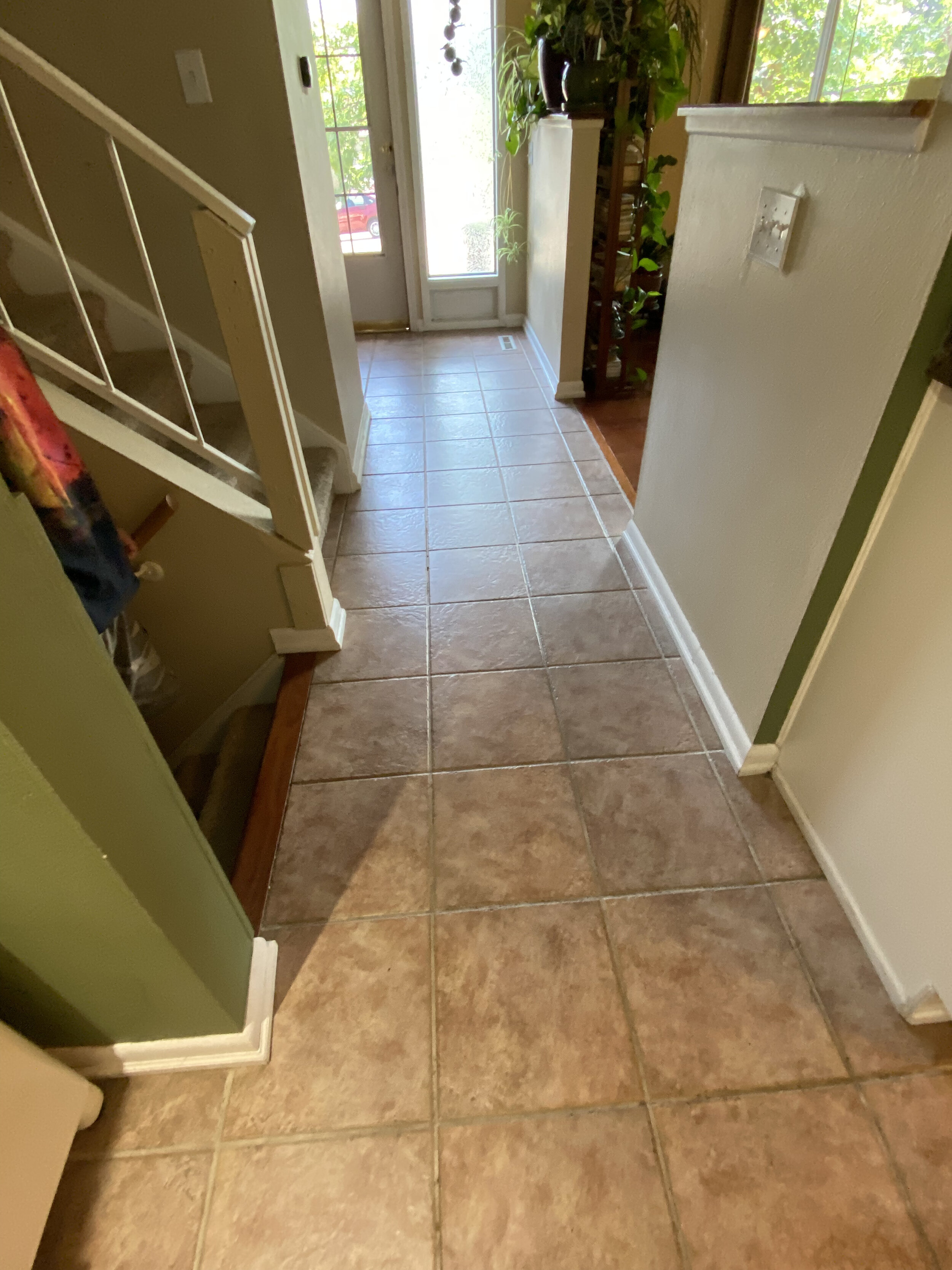 A tiled entryway with a door leading outside, some plants, and a staircase on the left.
