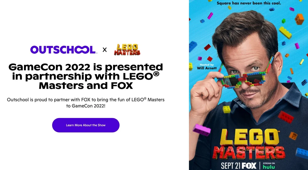 GameCon event platform featuring Outschool’s partnership with FOX and LEGO Masters