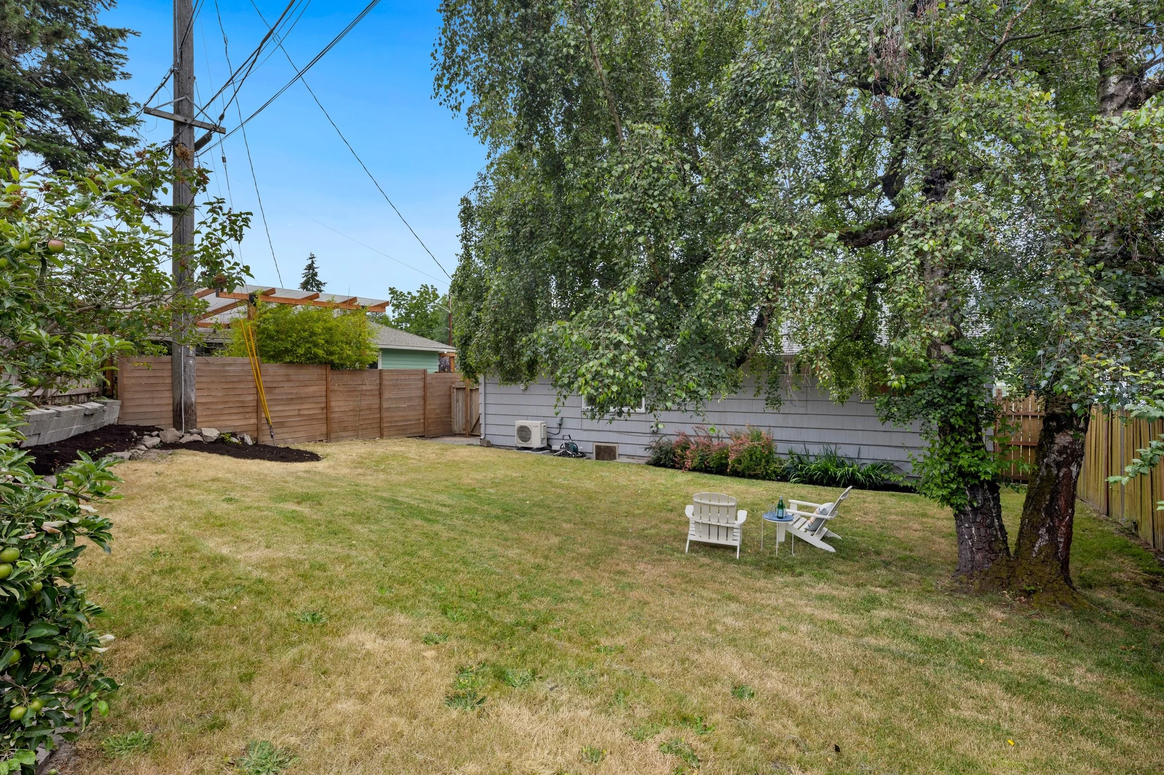 Large European Birch offers shade while the large lot has space for entertaining and recreating