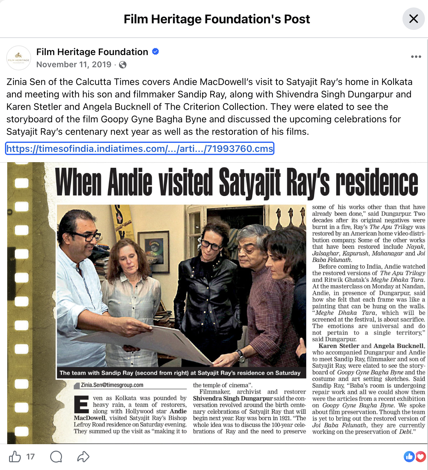 Andie MacDowell at Satyajit Ray Residence with Sandip Ray.png