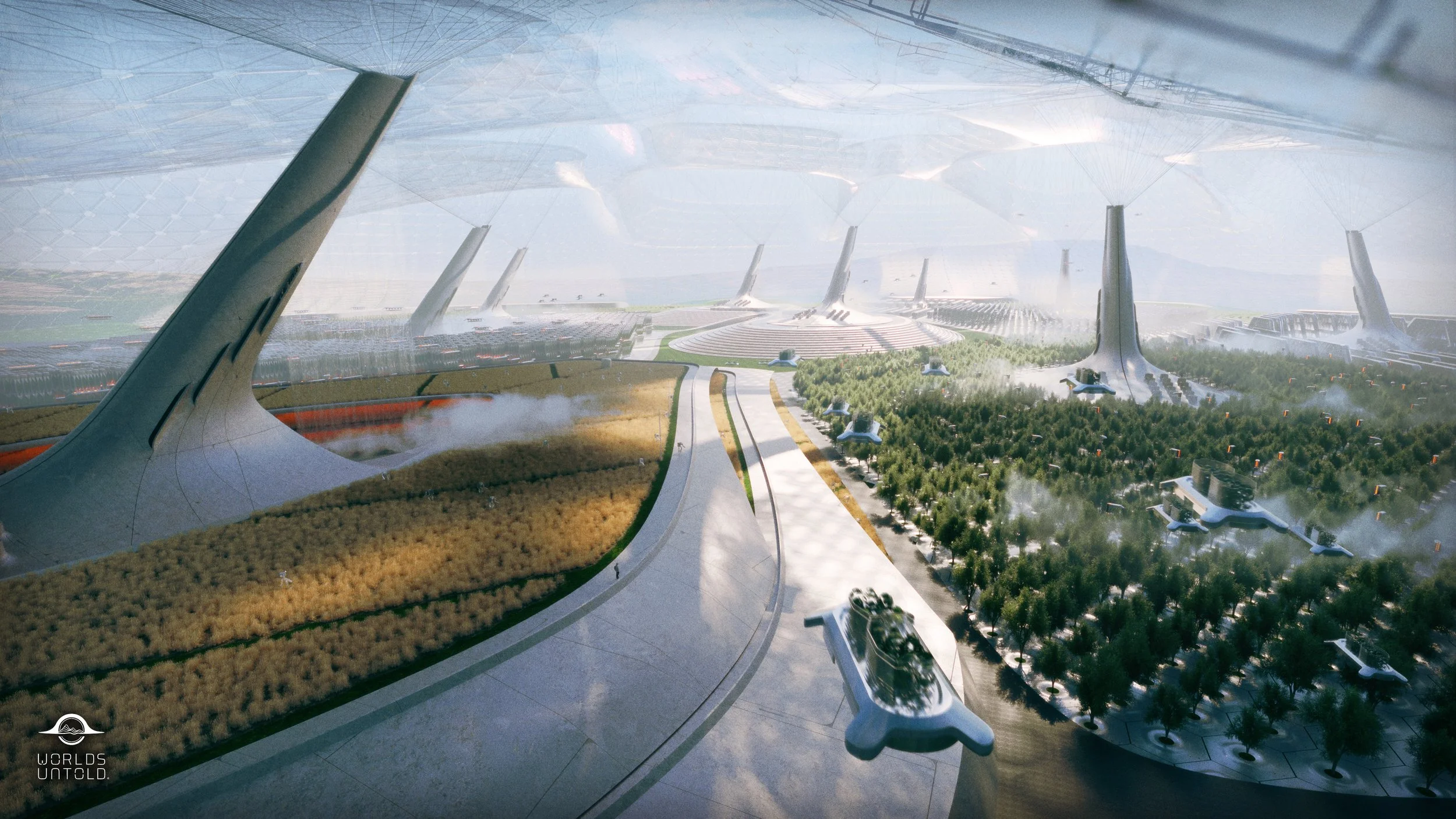 Futuristic cityscape with towering, sleek skyscrapers, green spaces, and flying vehicles.