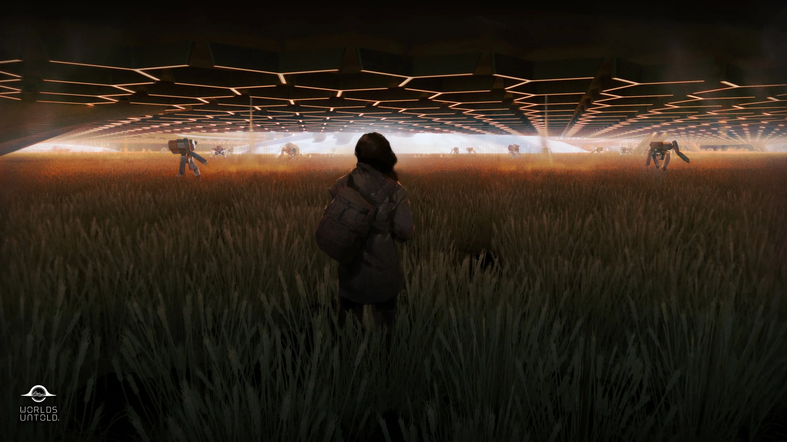 A person with a backpack standing in a grassy field under a large futuristic structure with glowing hexagonal patterns and robot-like figures in the distance.