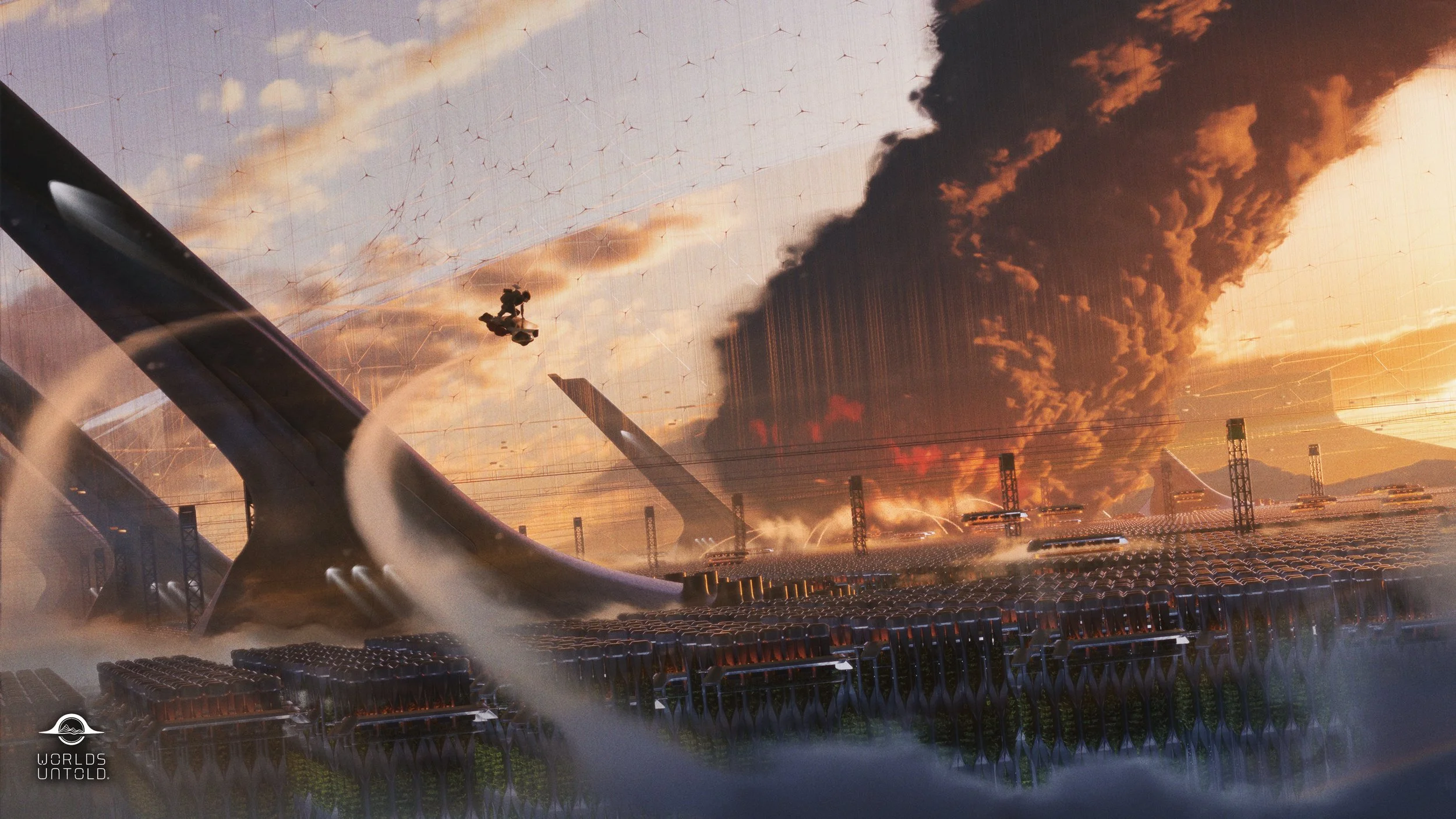 Futuristic landscape with a large structure, wind turbines, and smoke in the sky at sunset.