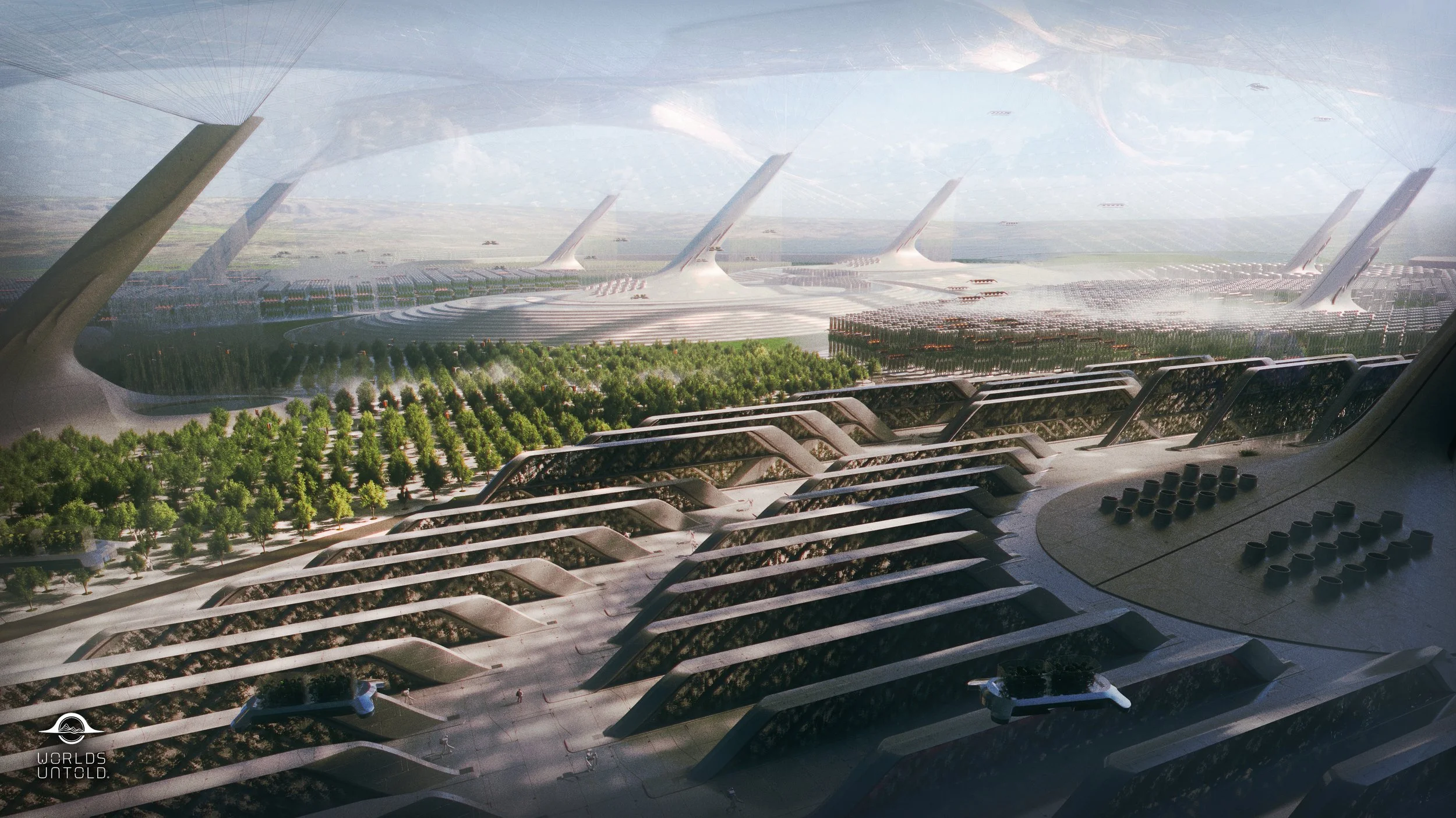 Futuristic cityscape with sleek, curved architecture and green spaces, seen through a large glass window with reflections.