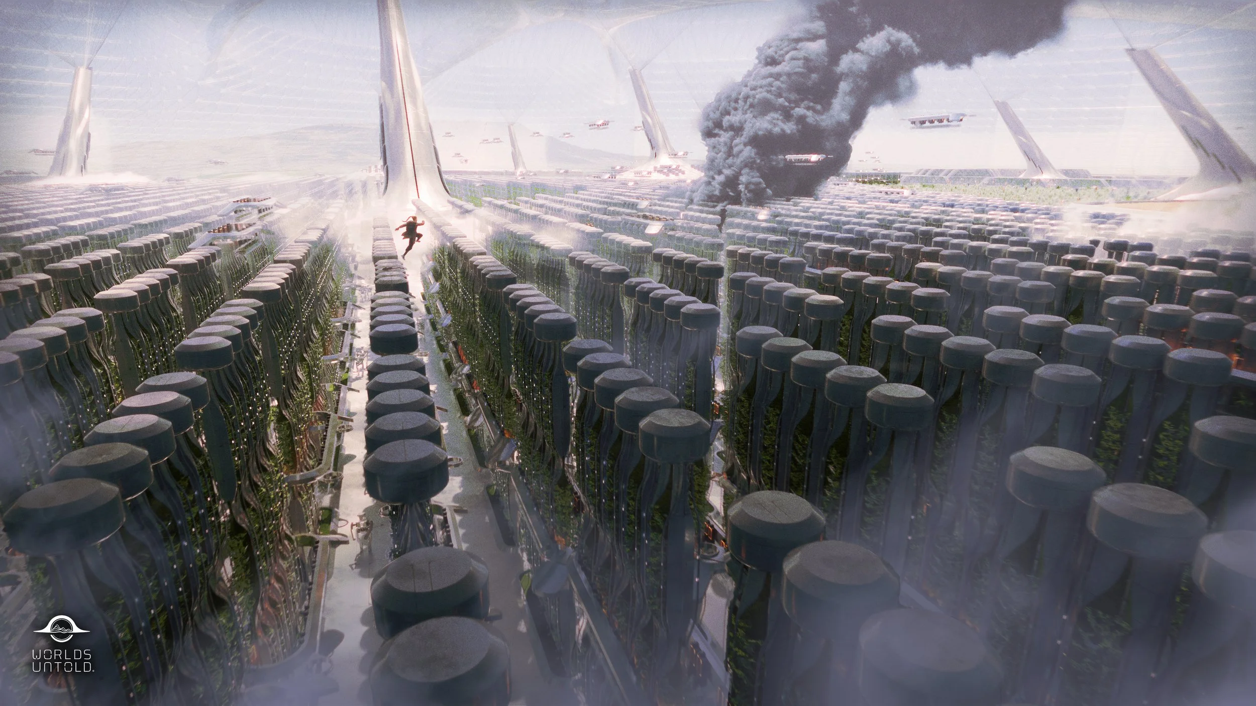 A futuristic cityscape with tall, sleek skyscrapers emitting black smoke, a person running among a field of large, cylindrical structures with wires or pipes, and a cloudy sky in the background.