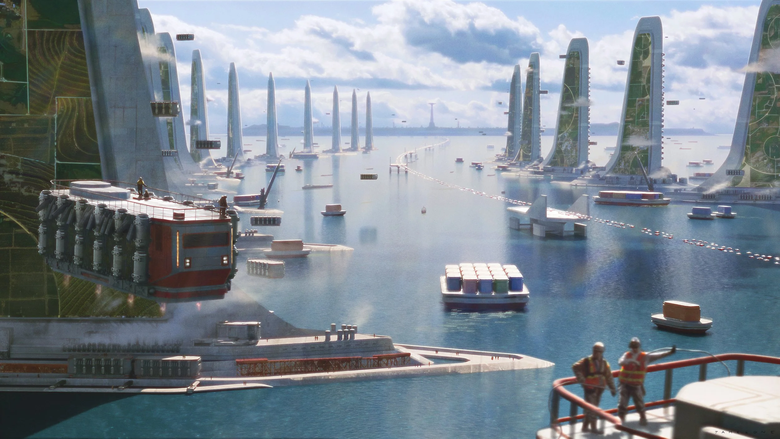 A futuristic cityscape featuring tall, sleek skyscrapers with reflective surfaces, situated along a body of water. There are various floating platforms, boats, and construction equipment, with some workers visible in the foreground.