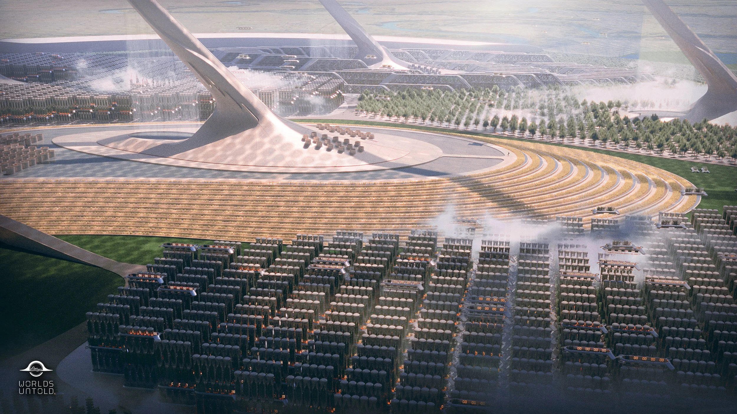 Futuristic cityscape with large modern buildings, expansive green areas, trees, and bodies of water under a haze, featuring elevated roads or pathways.
